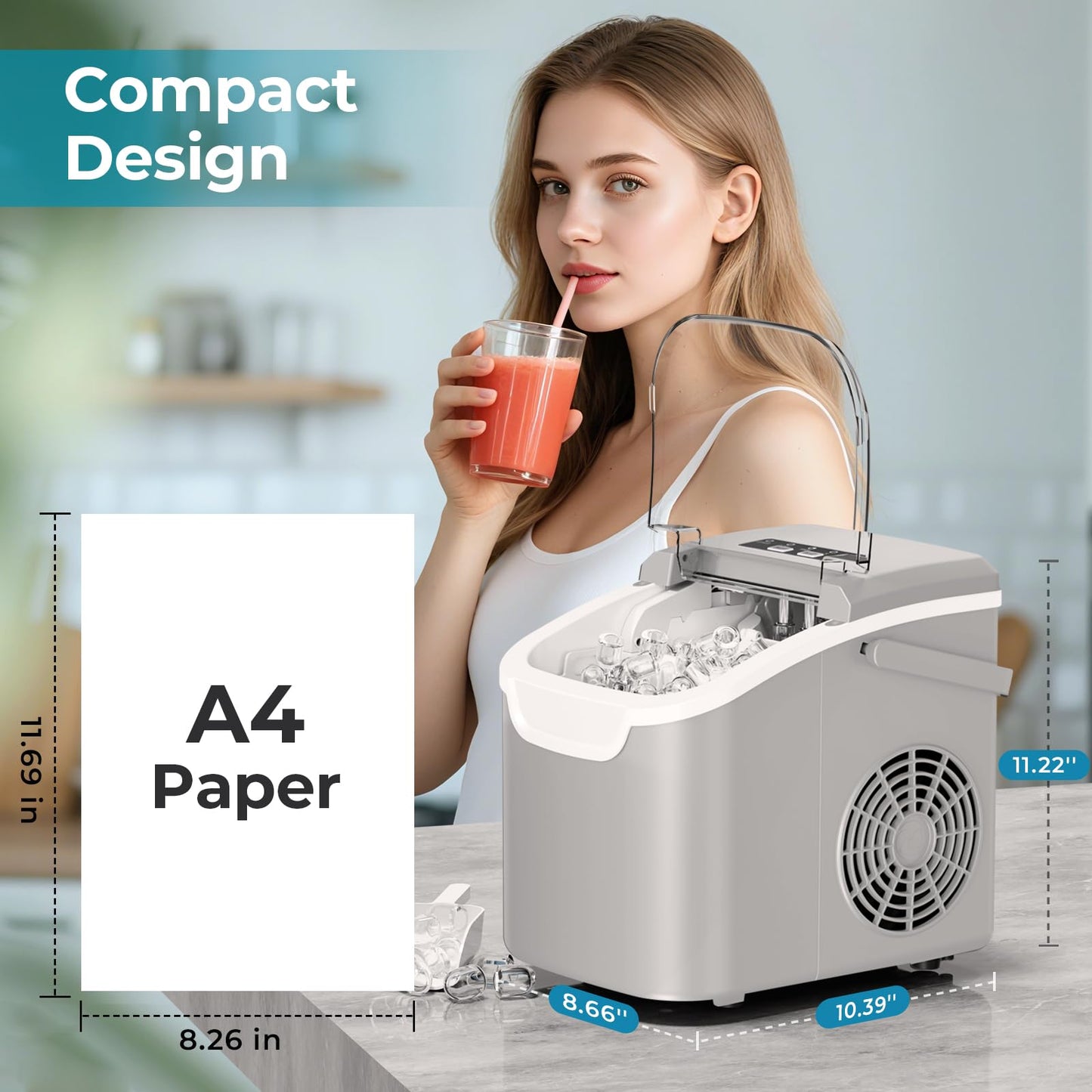 Countertop Ice Maker – 8 Bullet Ice in 6 Mins, 26.5lbs/24Hrs – Self-Cleaning Portable Machine with Adjustable Ice Size & Digital Touch Control Home/Office/Bar