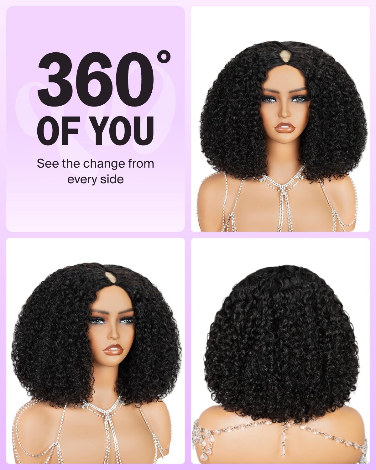 Megalook hair V Part Wig Human Hair 200% Density Deep Wave V Part Curly Wig Human Hair Bob Wigs No Glue No Sew In Half Wigs for Black Women U Part Wig Glueless Bob 12 Inch