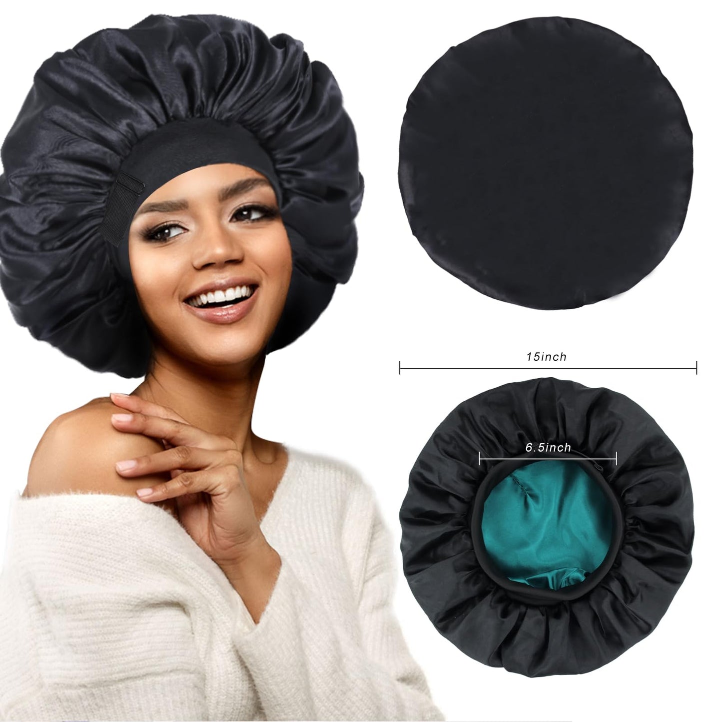 Silk Bonnet for Sleeping Double Layer Satin Bonnet Adjustable Bonnets for Black Women Sleep Cap Reversible Hair Bonnet for Curly Hair (Black and Teal)