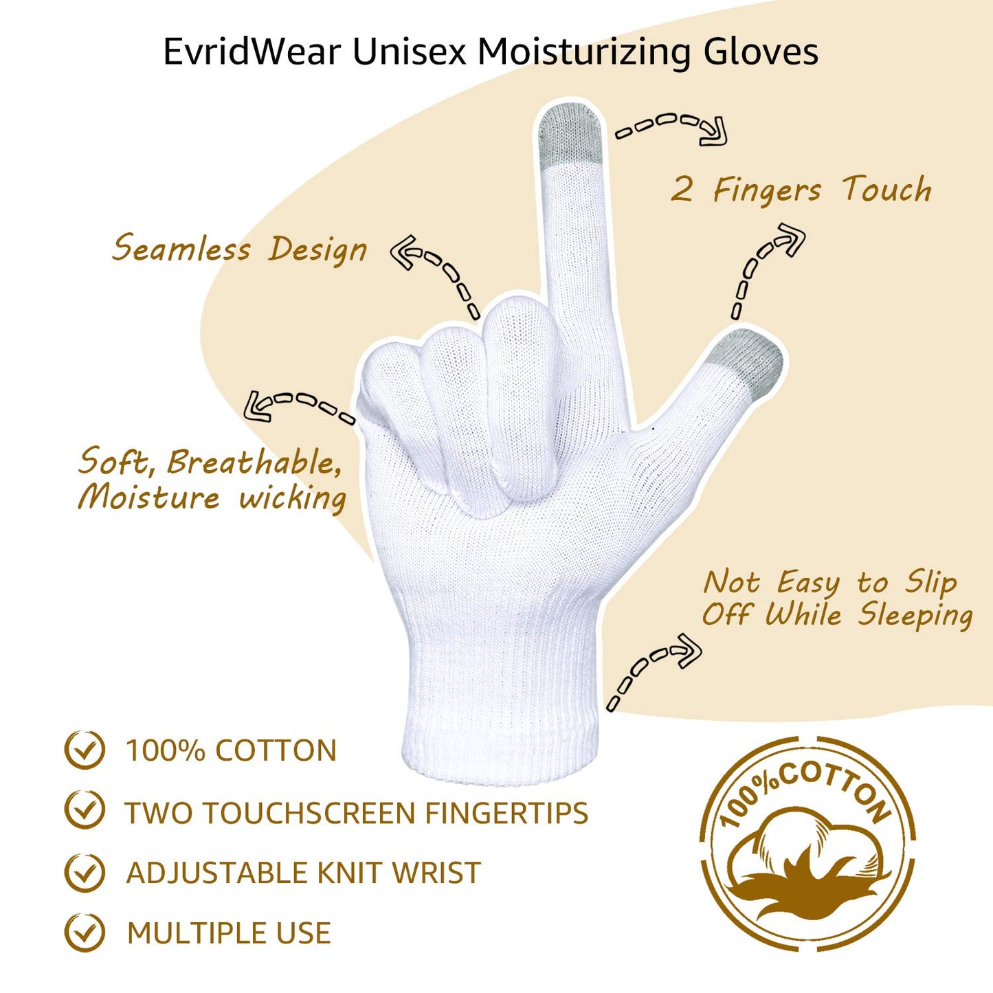Evridwear Unisex Moisturizing Cotton Gloves with Touchscreen Fingertips for Eczema Beauty Cosmetic Dry Hands Sensitive Irritated Skin Therapy Overnight Bedtime, 6 Pairs, Lightweight-White, XS