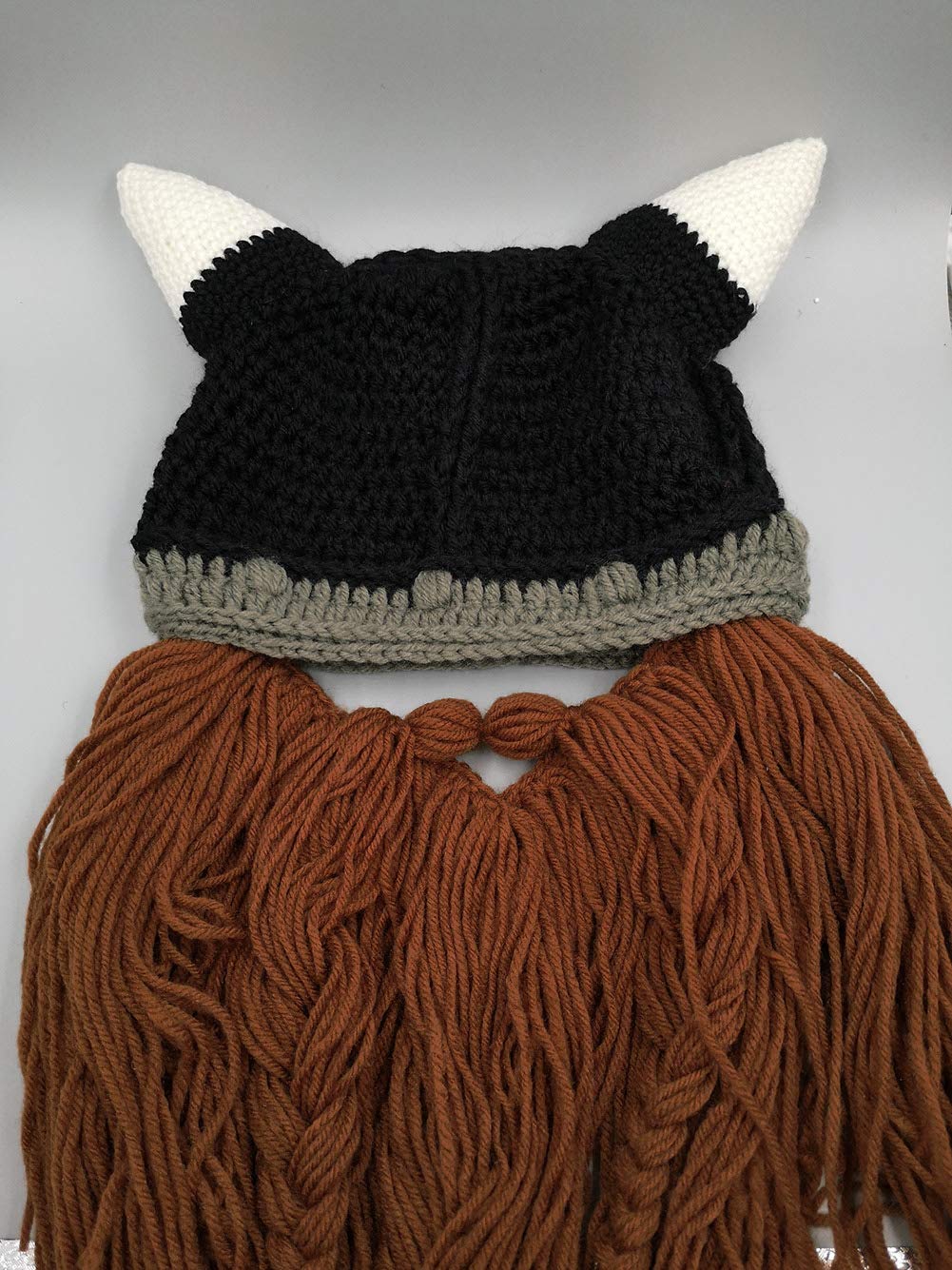 MERRYJULY Men's Head Barbarian Vagabond Beanie Original Foldaway Beard Hats Halloween Viking Horns Bearded Caps (Viking Horns&Brown Beard)