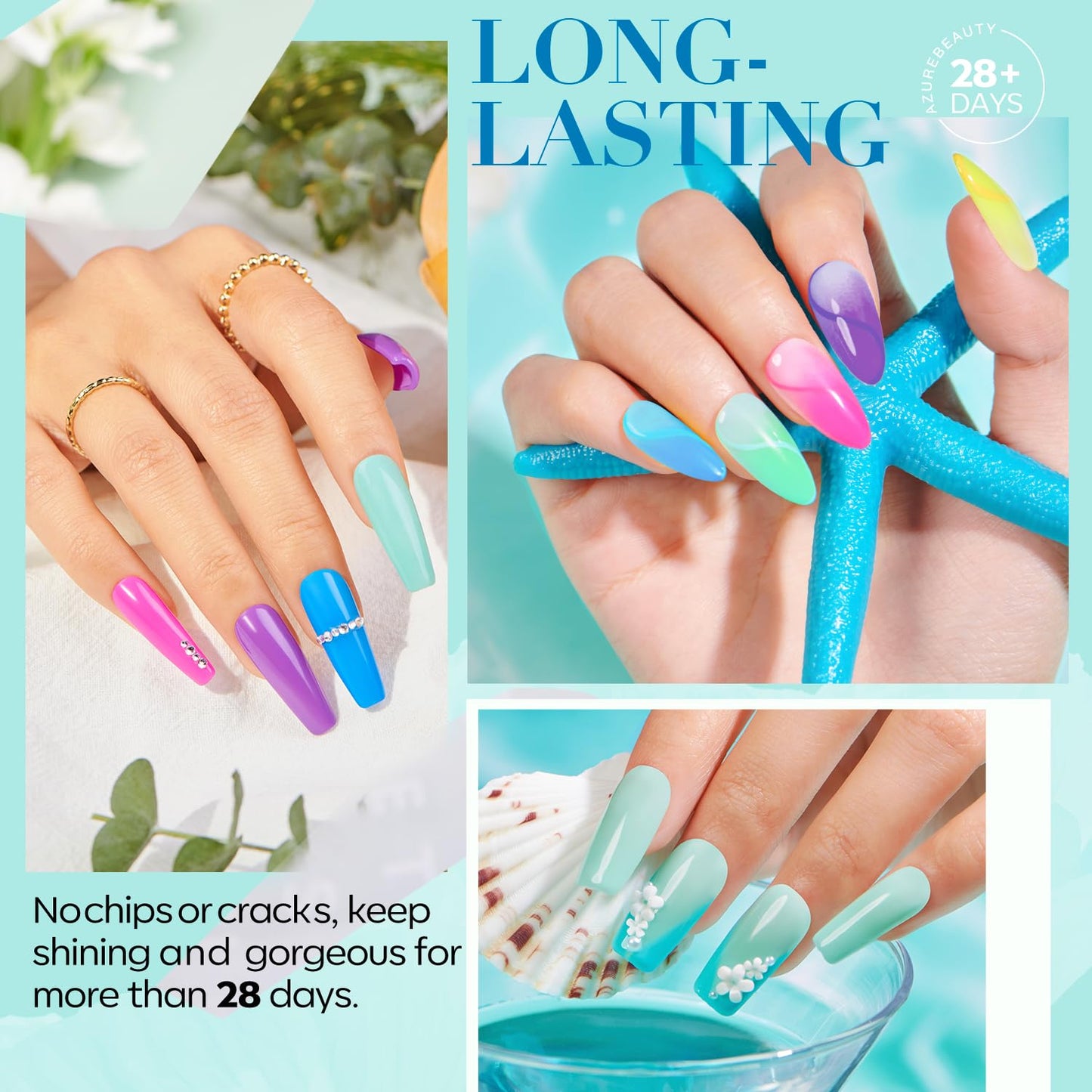 AZUREBEAUTY 42 Pcs Dip Nails Powder Starter Kit, 32 Hot Pink Blue Purple Color Changing Spring Dipping Powder Liquid Set with Base Coat/Top Coat/Activator for French Manicure Salon DIY.