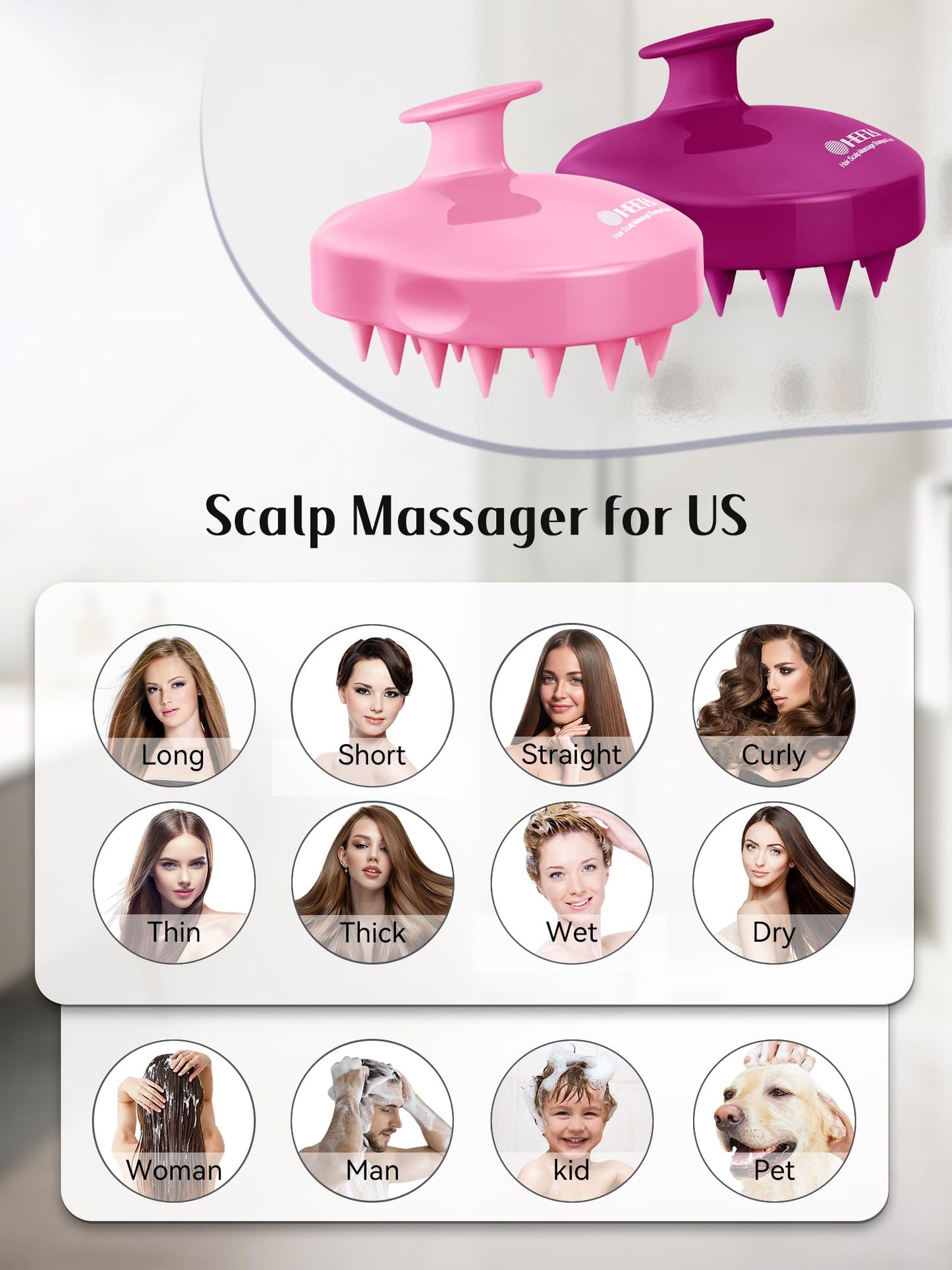 HEETA Hair Scalp Massager Shampoo Brush 2 Pack, Soft Silicone Bristles to Remove Dandruff, Waterproof Hair Scrubber for Both Wet Dry Hair, Suitable for Men & Women (Pink & Purple)