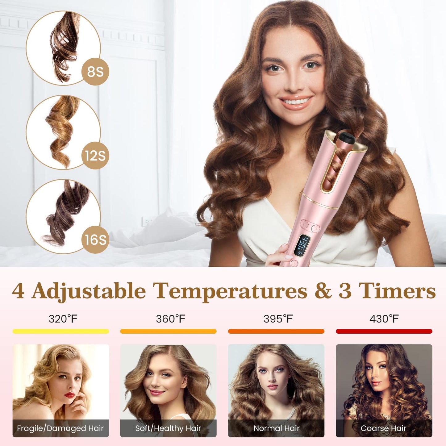 Automatic Curling Iron, Auto Hair Curler Wand with 4 Temperatures & 3 Timers & LCD Display, Curling Iron with 1" Large Rotating Barrel, Dual Voltage Auto Shut-Off Spin Iron for Hair Styling