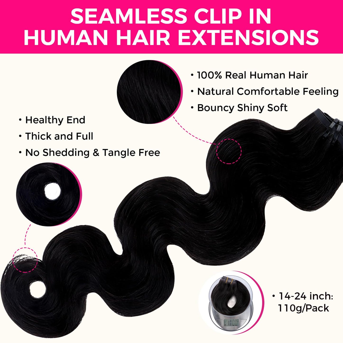 Lashey Seamless Clip in Hair Extensions Human Hair #1 Jet Black Body Wave Clip in Hair Extensions Real Human Hair 7pcs 110g 14 Inch PU Weft Natural Hair Extensions for Women