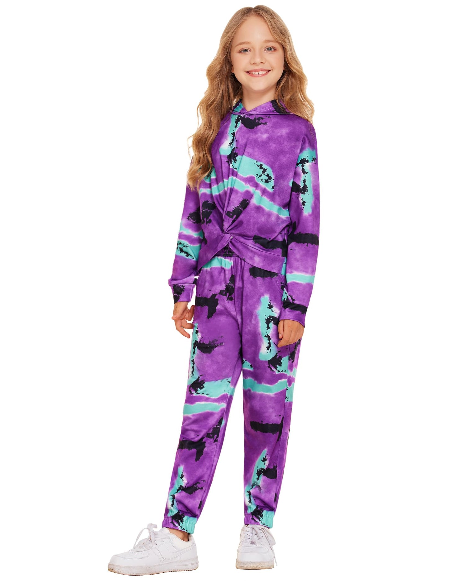 Arshiner Girl Pullover Set Sweatsuit Long Sleeve Tie Dye Twist Front Top Winter Fall Tracksuit Sweatpants Casual Size 10-12