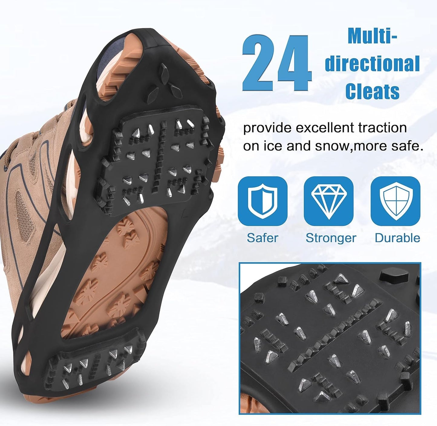 Ice Cleats Snow Traction Cleats Crampons for Walking on Snow and Ice,Non-Slip Overshoe Grippers Anti Slip Footwear for Shoes and Boots (24 Steel Without Straps, Medium(5.5-7 men/7-8.5 Women))