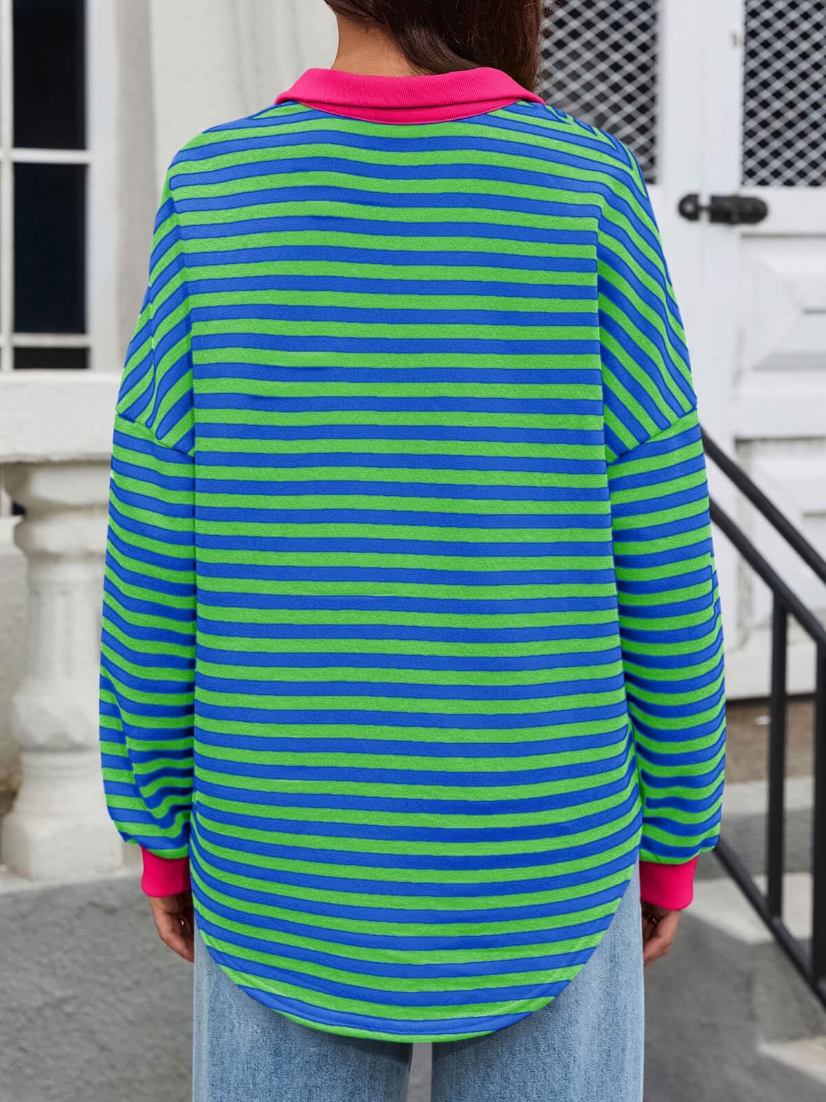 Tankaneo Womens Oversized Striped Sweatshirts Long Sleeve Color Block Casual Tunic Tops with Pockets Green Blue