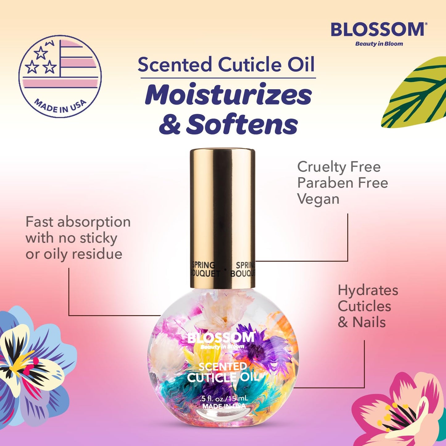 Blossom Cuticle Oil for Nails, Hydrating, Moisturizing, Scented Nail Oil Cuticle Care, Infused with Real Flowers, Made in USA, 0.5 fl. oz, Spring Bouquet