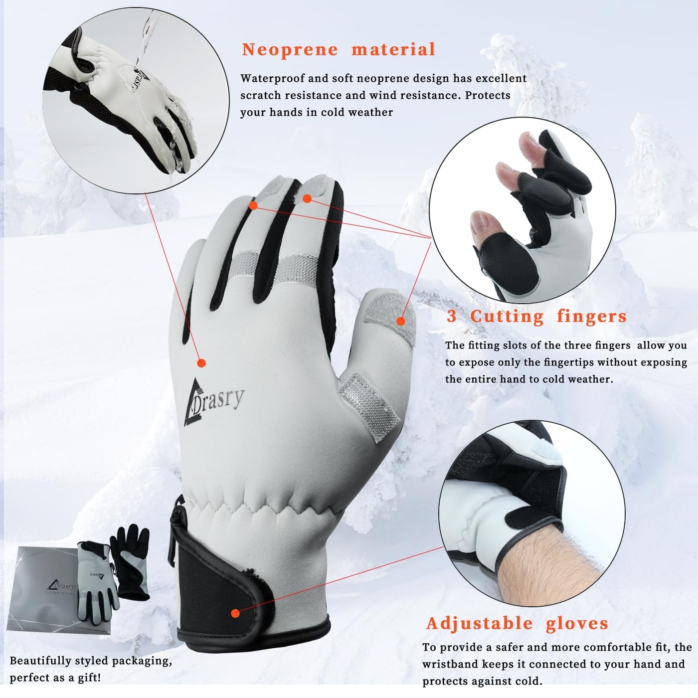 Drasry Neoprene Ice Fishing Gloves Touchscreen 3 Cut Fingers Warm Cold Weather Suitable for Men and Women Fly Fishing Photography Motorcycle Running Shooting (Gray/Black XL)