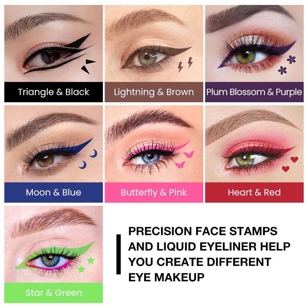 evpct 7Pcs Colored liquid Eye Liners Face Stamp Cosplay Gothic Makeup Set Kit for Beginners, Black Brown Purple Blue Red Pink Green Star Flowers Heart Moon Triangle Lightning Butterfly Stamps Eyeliner