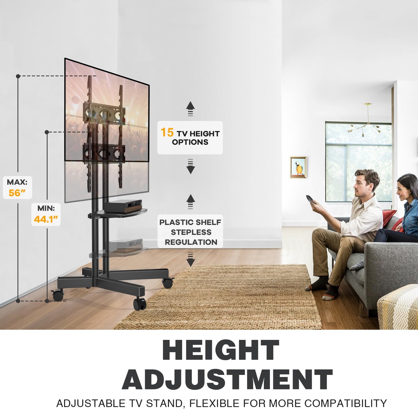 Mobile TV Stand with Upgraded Wheels for 32-75 Inch TVs up to 88 lbs, Height Adjustable Rolling TV Stand with Laptop Shelf, Mobile TV Cart with Heavy Duty Structure for Living Room, Patio, Office