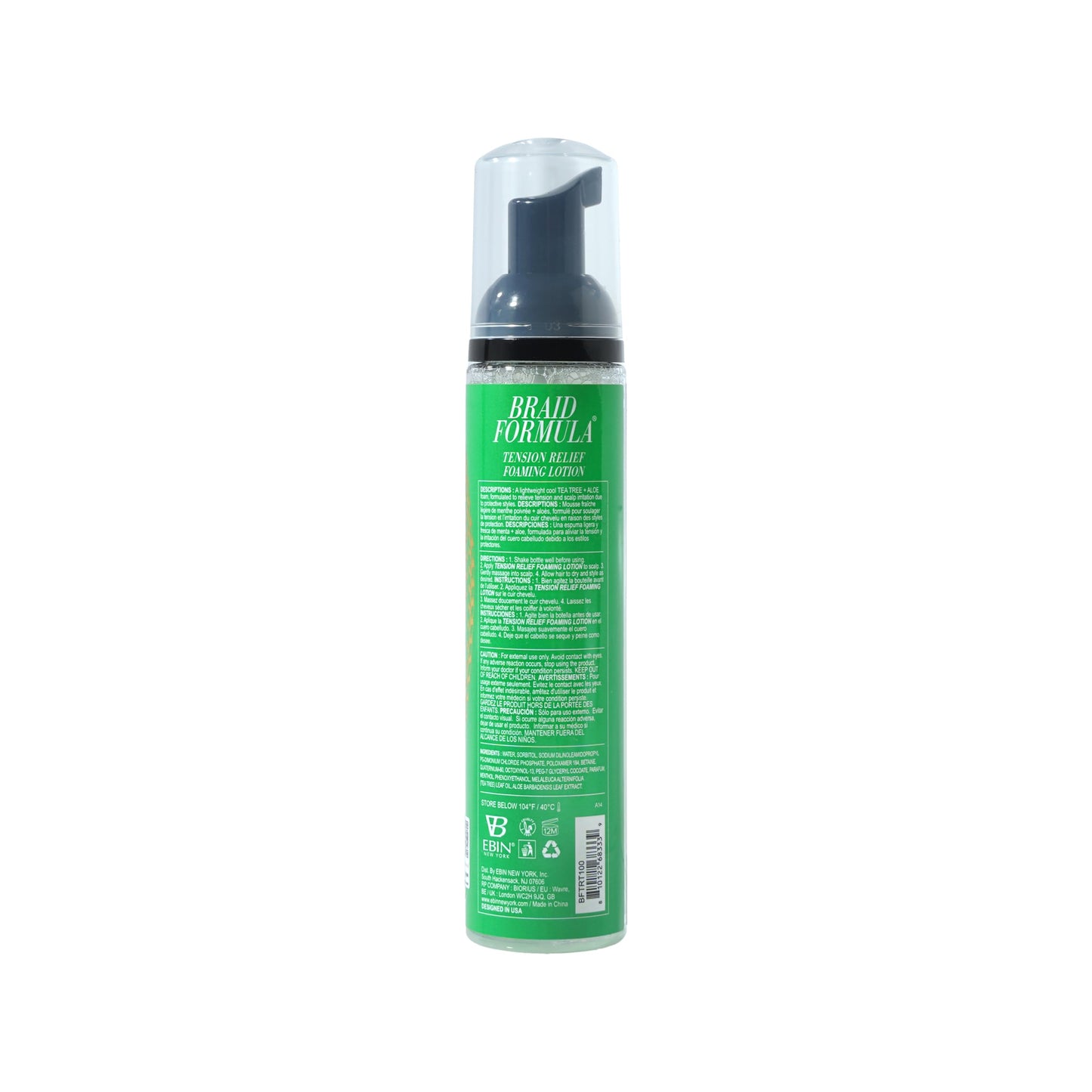 EBIN NEW YORK Braid Formula Tension Relief Foaming Lotion Tea Tree & Aloe 3.38 fl. oz. 100ml Nourishing and Hydration, Style your Braids with Ease, Frizz Control
