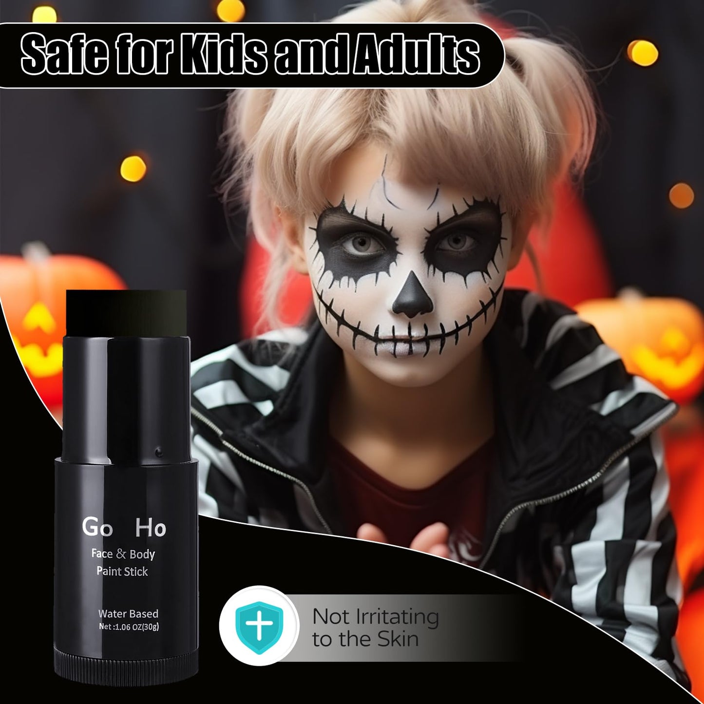 Go Ho Black Face Paint,Easily Washable Formula Black Face Paint Stick,Non-toxic Full-coverage Cream Black Body Paint for Adults Children Halloween Cosplay SFX Skeleton Goths Makeup