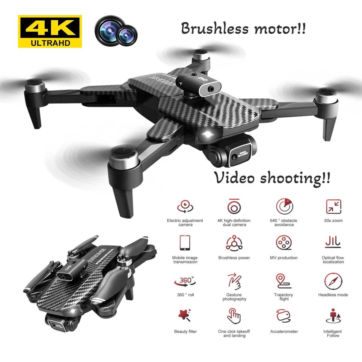 1080P HD FPV Foldable Drones with Brushless Motors, Wi-Fi RC Quadcopters featuring Height Adjustment, Six-axis Gyroscope, Gesture-controlled Photography, Video Recording, Headless Mode, Emergency Stop, Trajectory Flight, Gravity Sensing, and Automatic Pho