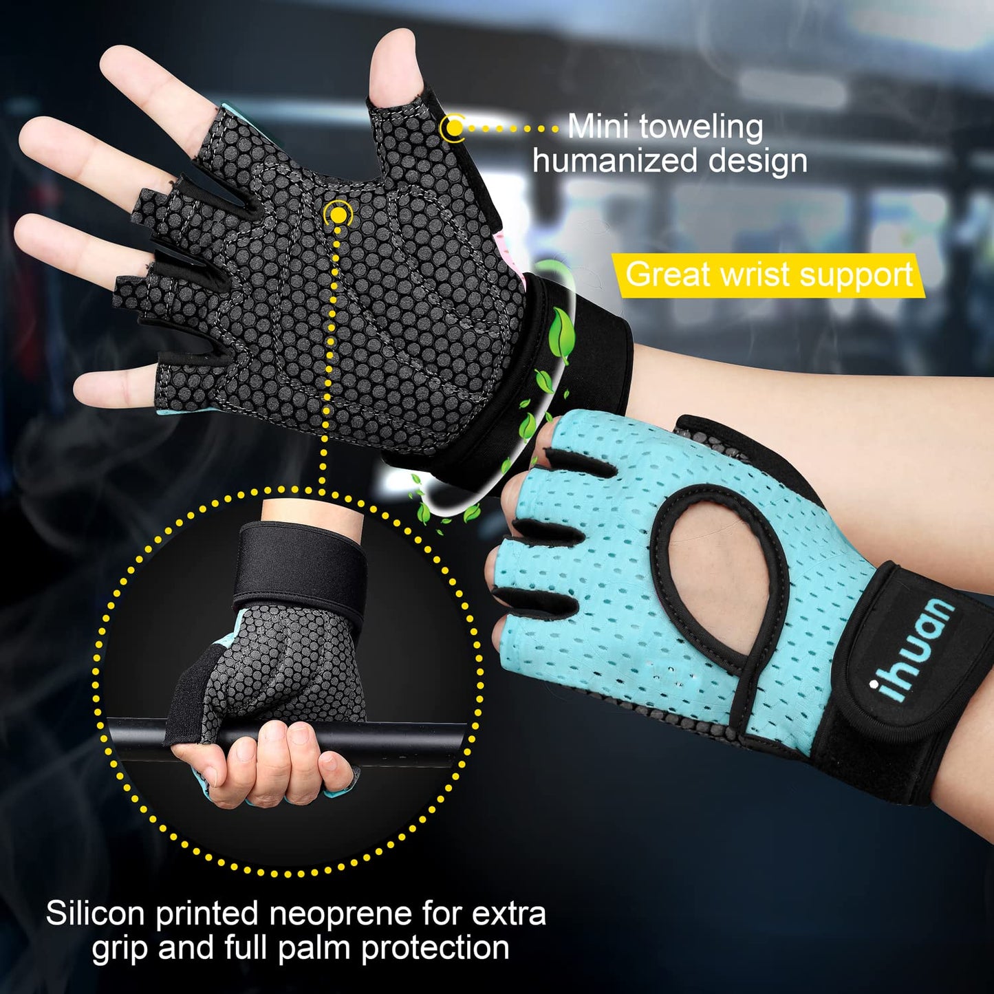 ihuan Breathable Weight Lifting Gloves: Fingerless Workout Gym Gloves with Wrist Support | Enhance Palm Protection | Extra Grip for Fitness | Lifting | Training | Rowing | Pull-ups