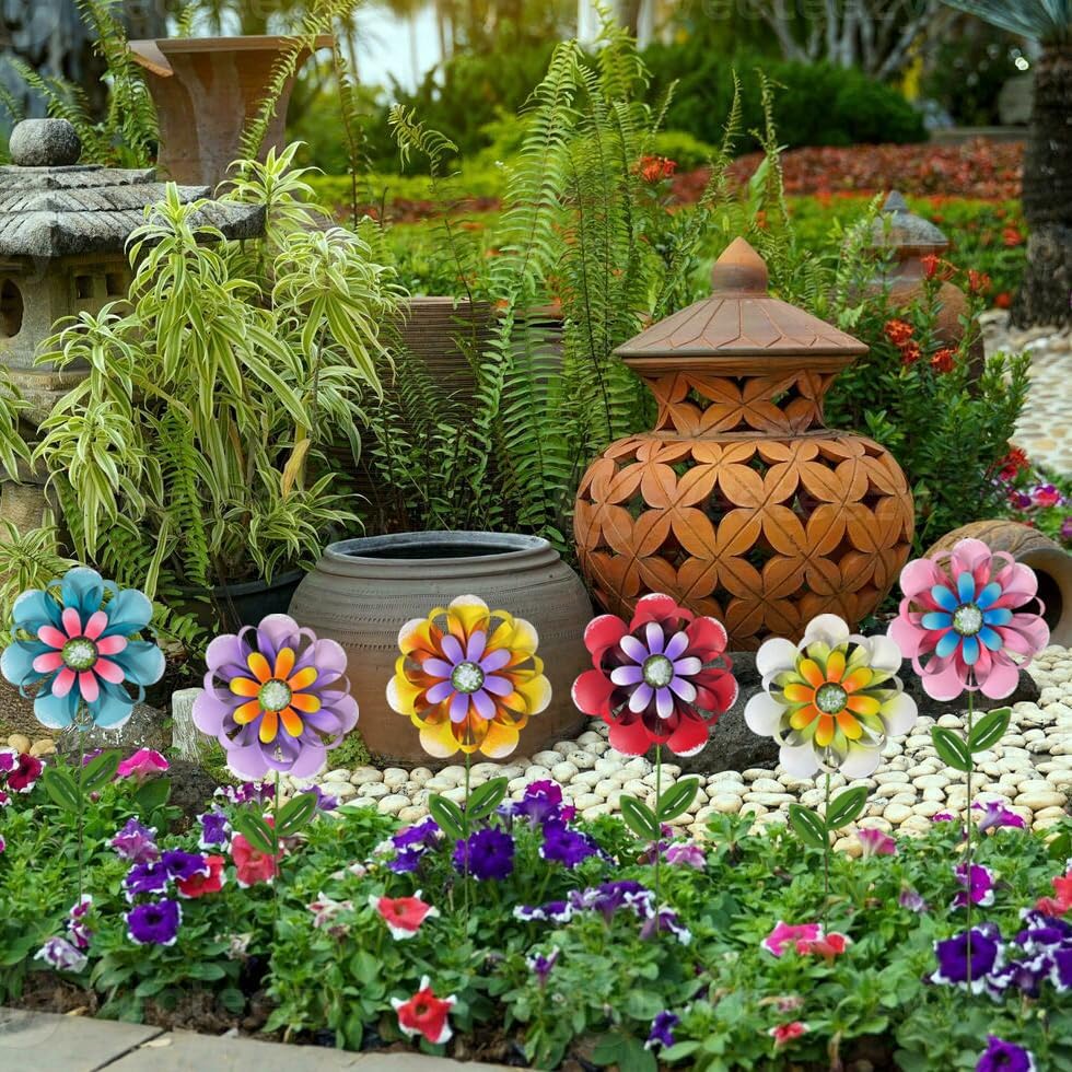 Metal Flower Garden Stakes, 6 Pc. Set, Large Colorful Decorative Landscape and Gardening Outdoor Decor, Lawn and Yard Ornament, Rust and Weather Resistant