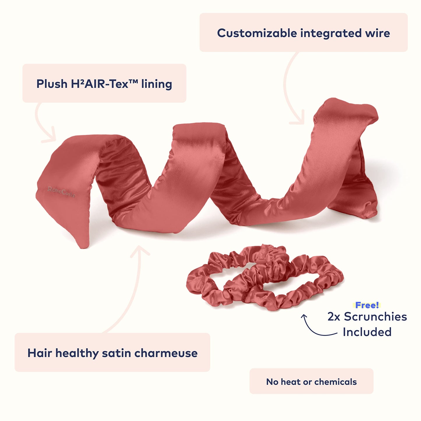 RobeCurls Heatless Hair Curler Set - Satin Curling Headband for Natural, No-Heat Curls - Sleep in Overnight Styling Tool with 2 Scrunchies - Easy & Gentle on Hair (Rose)