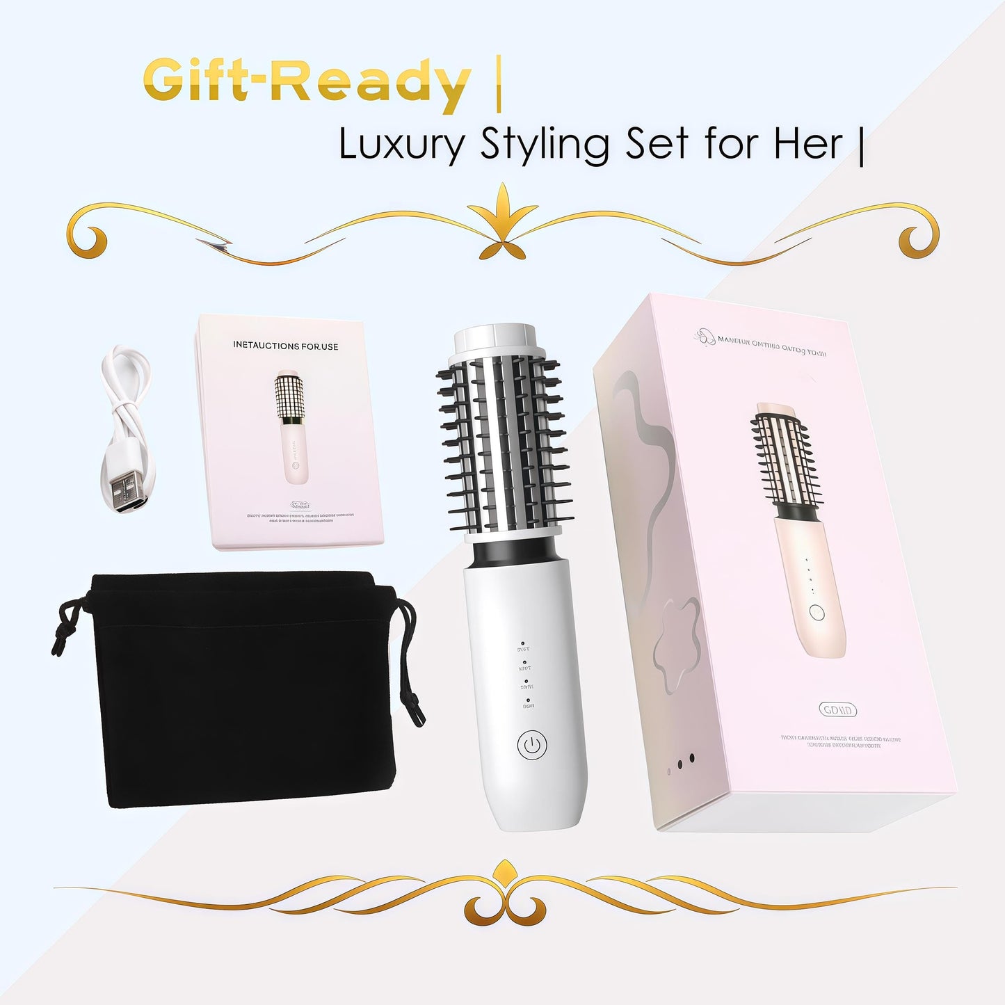 Satxtrem 2-in-1 Cordless Curling Iron & Straightener Brush,Heated Hair Styler with Needle Teeth Comb,USB-C Rechargeable,4 Temp,200M Ionic for Curls/Straightening/Smoothing (Women & Travel) (White)