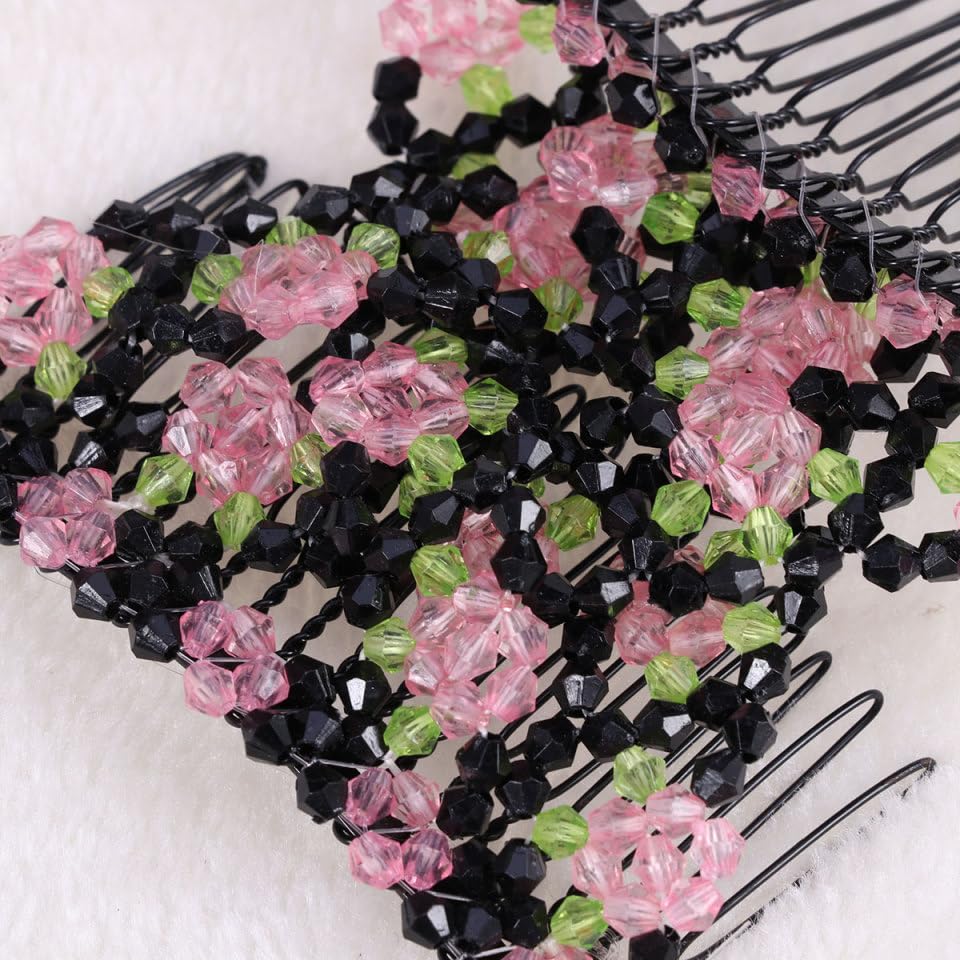 LALAFINA 3pcs Double Clips Hair Combs Adjustable Elastic Hair Clips Stretch Beaded Hair Combs Pink Rose Shaped Hair Accessories for Women Girls
