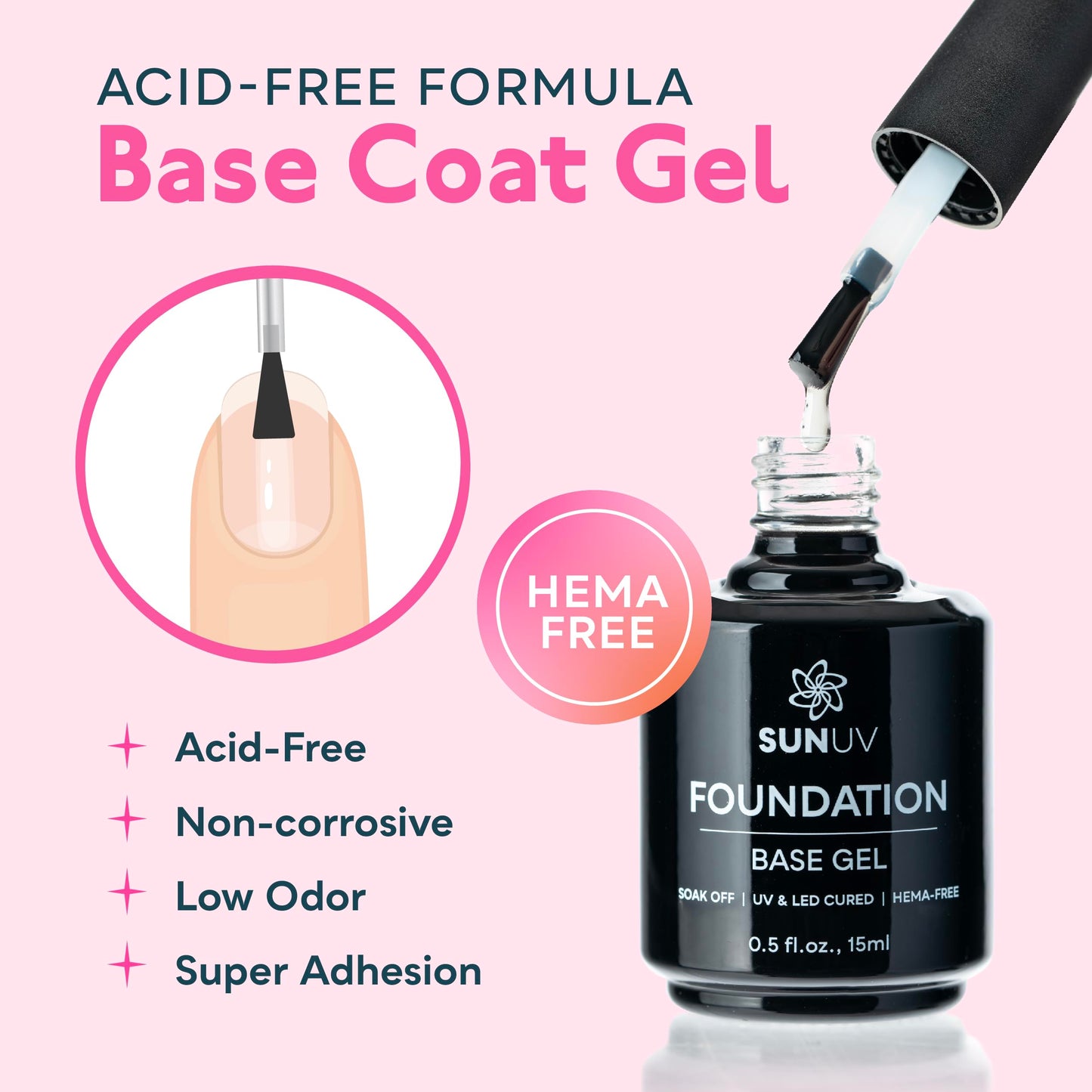 SUNUV 15ml Gel Top Coat and Base Coat Set, Gel Nail Polish Kit 2 Pack, Hema Free Art Manicure UV Nail Lamp No Wipe High Gloss Gifts for Women