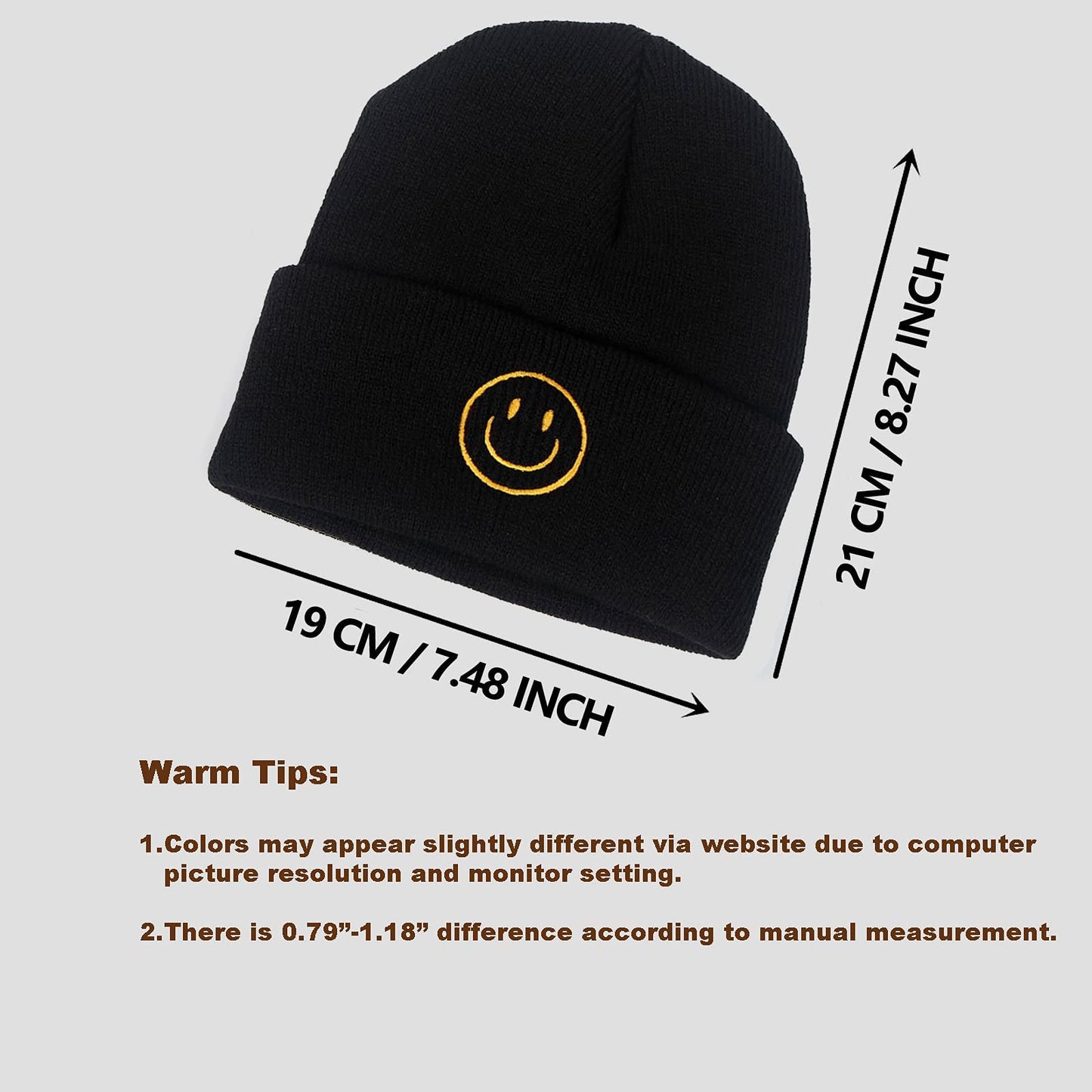AJG Beanie Hats for Men,Unisex Smile Face Embroidered Acrylic Soft Warm Winter Cuffed Knit Hats for Women (1-Black)