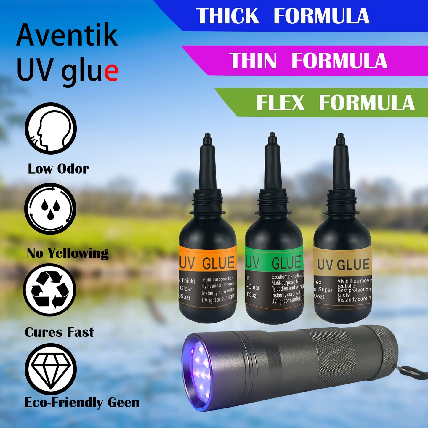 Riverruns UV Clear Glue Three Glue Formula Thick,Thin and Super Flew +12 LED Power Light Fly Tying for Building Flies Flies Heads Bodies and Wings Tack Free Special Introductory Sale!