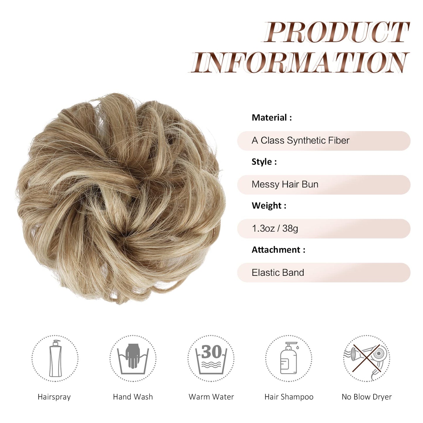 FESHFEN Messy Bun Hair Piece - Elastic Wavy Curly Hair Bun Scrunchies Extensions Synthetic Chignon Hairpieces for Women Girls, Mixed Blonde and Ash Blonde Tips 1 PCS