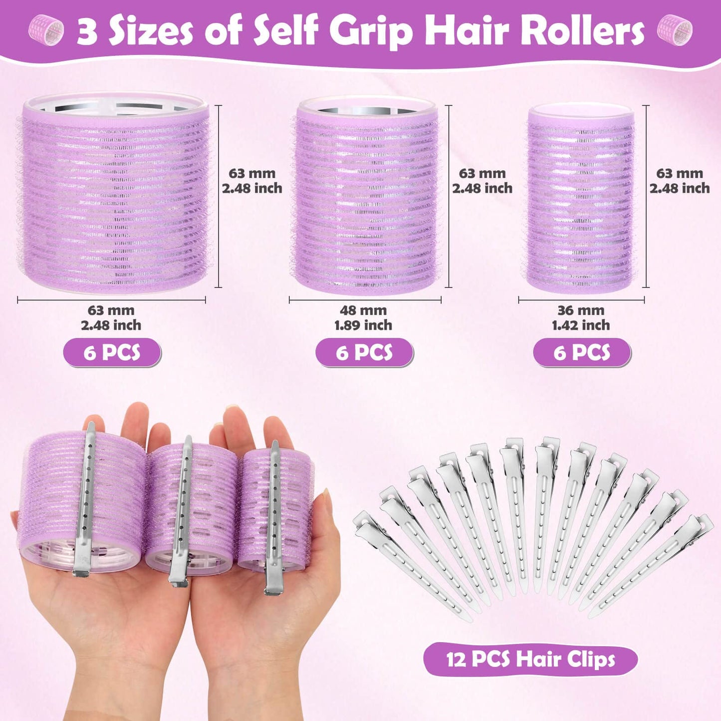 Tetutor Thermal Hair Rollers Set - 30PCS Jumbo Self-Grip Rollers (64mm, 48mm, 36mm) with Clips for Long, Medium, Short Volume and Salon Styling