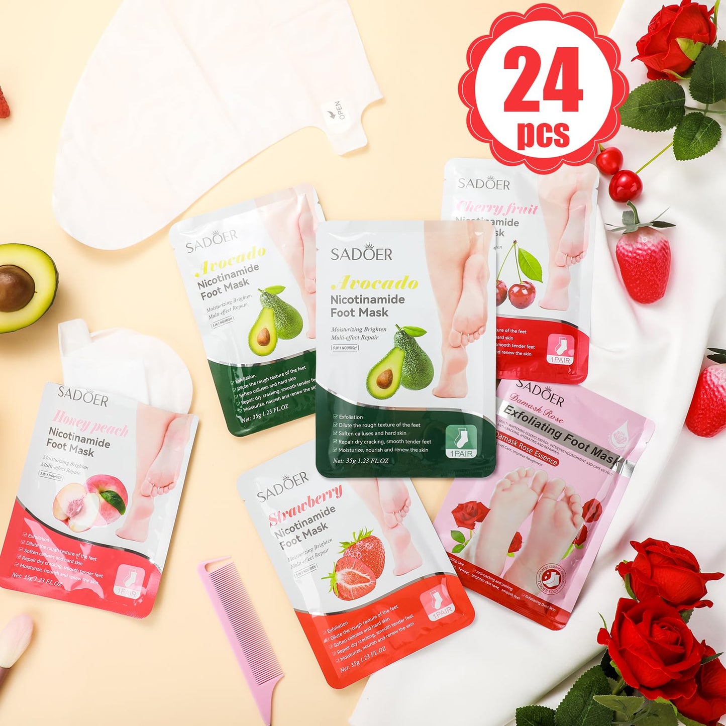 Swiffen 24 Pcs Fruits Beauty Foot Mask Bulk Hydrating Foot Moisturizing Socks Shea Butter Aloe Treatment Mask for Spa Kit Sleeping Skincare Gift Beauty Kits for Women