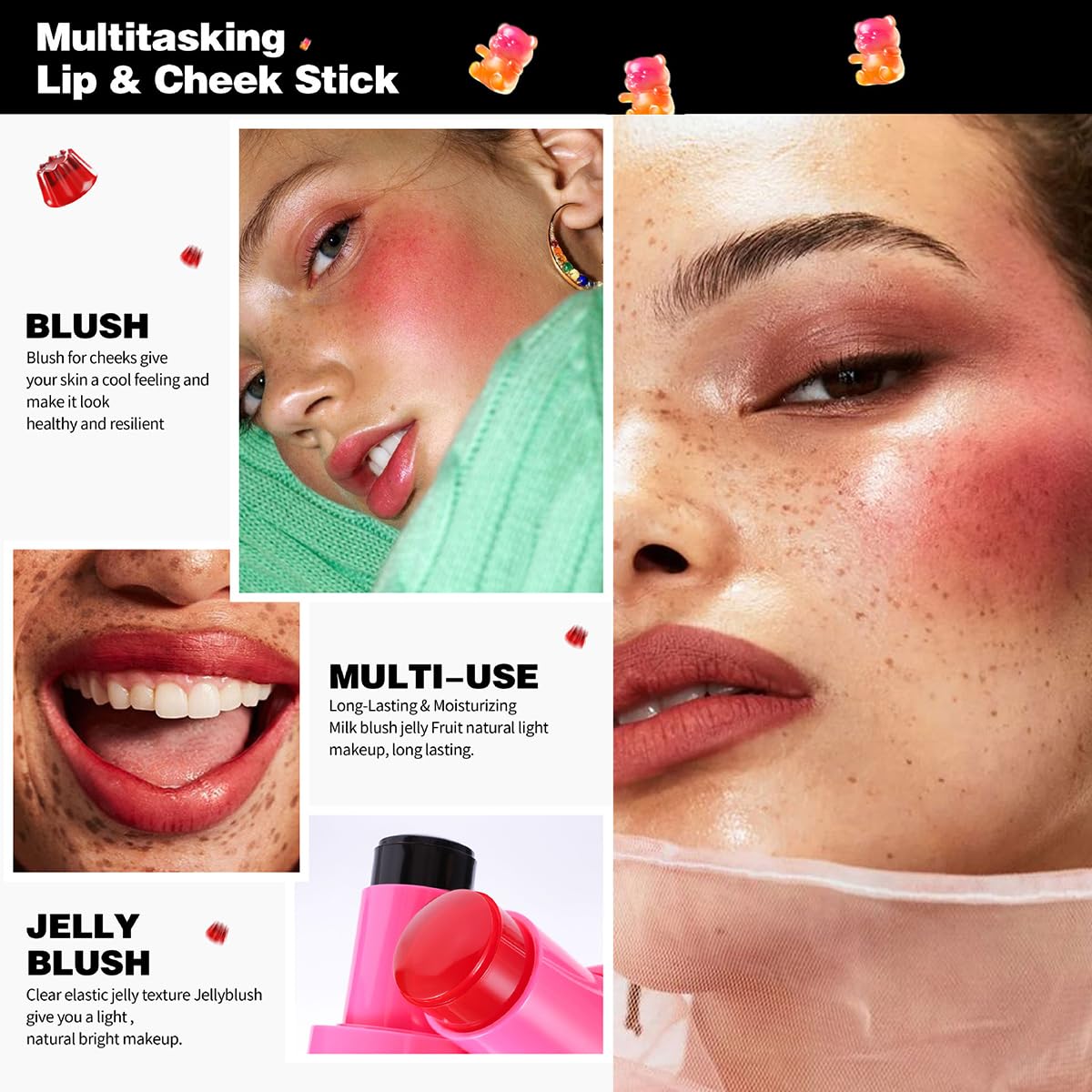 Multi-Use Water Jelly Tint Stick Sheer Lip & Cheek Stain Finish, 3-In-1 Cheek Blush & Eyeshadow & Lip Tinted Long-Lasting Moisture - 1,000+ Swipes Per Stick (# 05, 0.32oz)