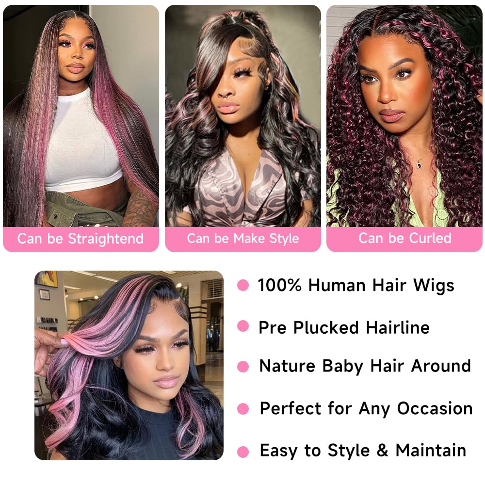 Avolo Highlight Lace Front Wig Human Hair 13x4 1B/Pink Ombre Lace Front Wig Human Hair Colored 180% Density Body Wave HD Lace Frontal Wigs Human Hair 26 Inch Skunk Stripe Ombre Pink Wig Human Hair