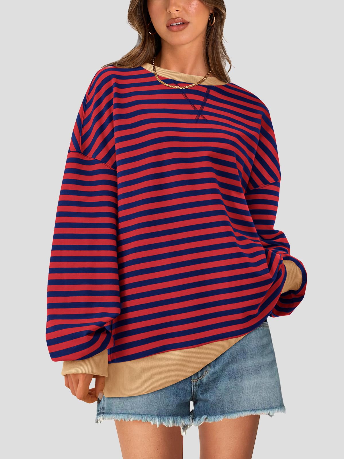 PRETTYGARDEN Womens Oversized Sweatshirt Casual Striped Color Block Long Sleeve Crewneck Pullover Tops Spring Y2k Clothes (Red Navy, Medium)