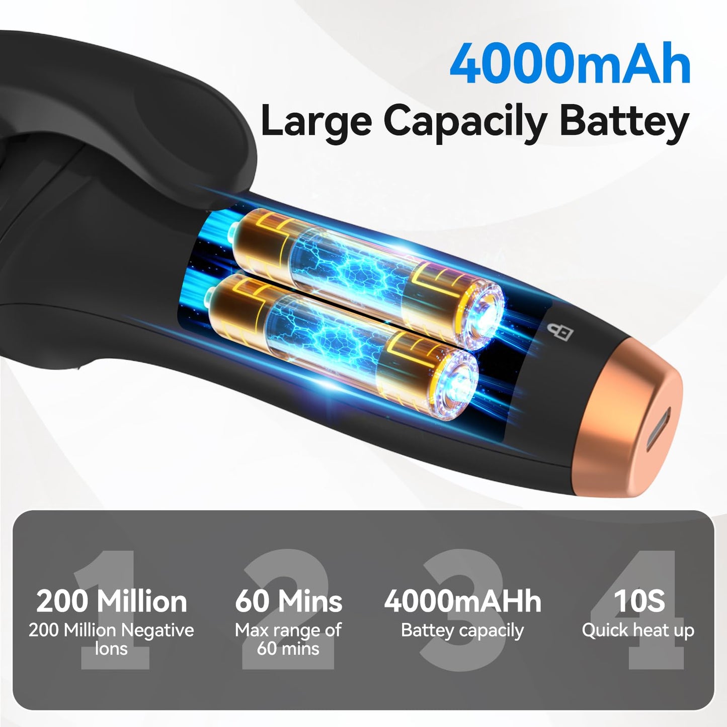 Cordless Curling Iron Hair Curler: Mini USB Rechargeable 4000 mAh 3 Temp Setting Travel Portable Hair Curler with 200 Million Negative Ion Cordless Curling Iron