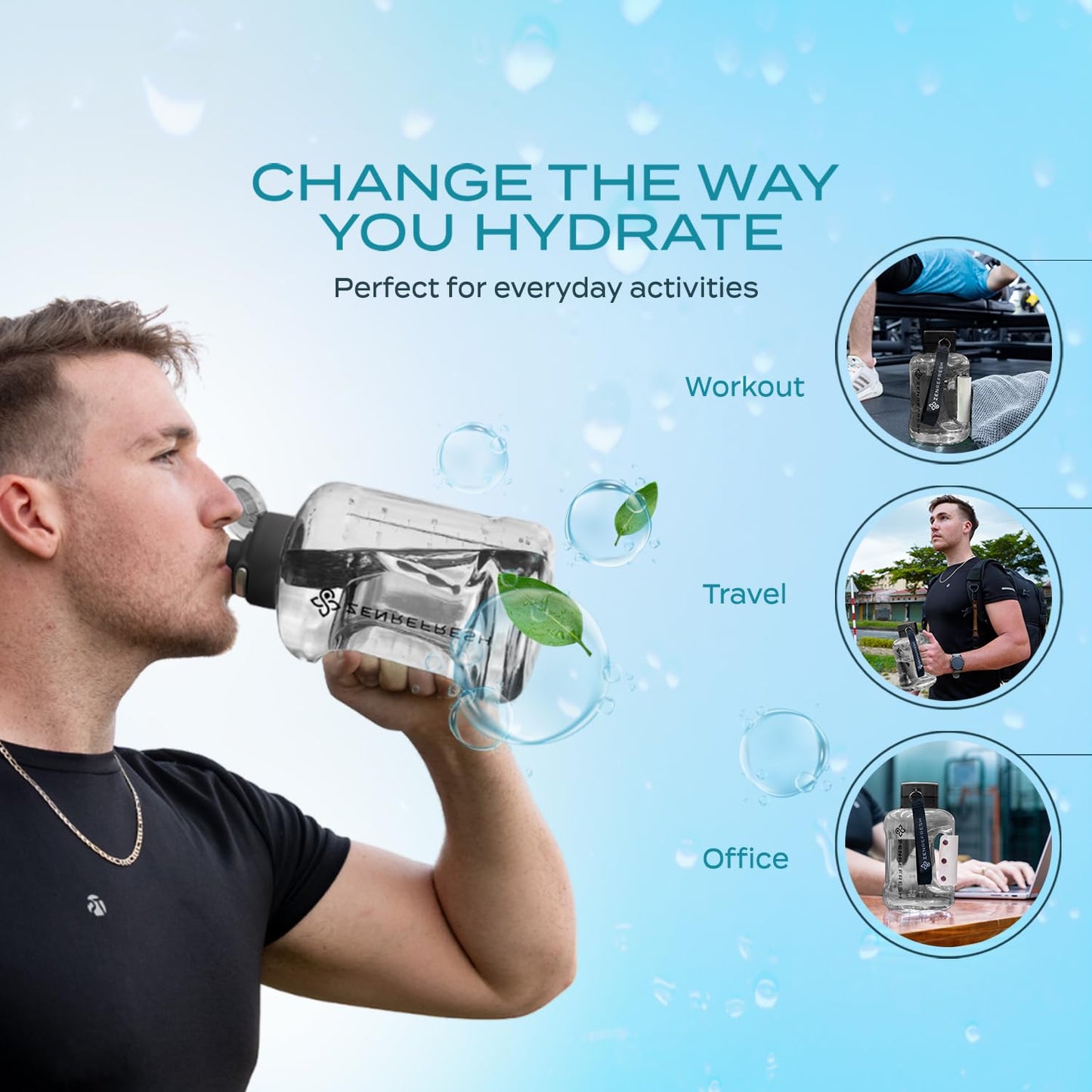 Zen Refresh 50 Oz Hydrogen Water Bottle, 2025 New SPE/PEM Technology, Large Gym Hydrogen Bottles, Travel Hydrogen Water Bottle Generator With Straw & Additional Cap, USA Brand, Up to 1800 ppb - Black