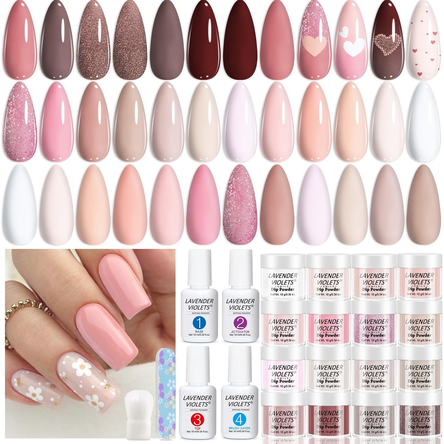 Lavender Violets 20 Pcs Dip Nails Powder Starter Kit -16 Colors Nude Skin Tones Neutral Acrylic Dipping Powder Liquid Set with Base Top Coat, Activator and Brush Saver for French Nail Art M962