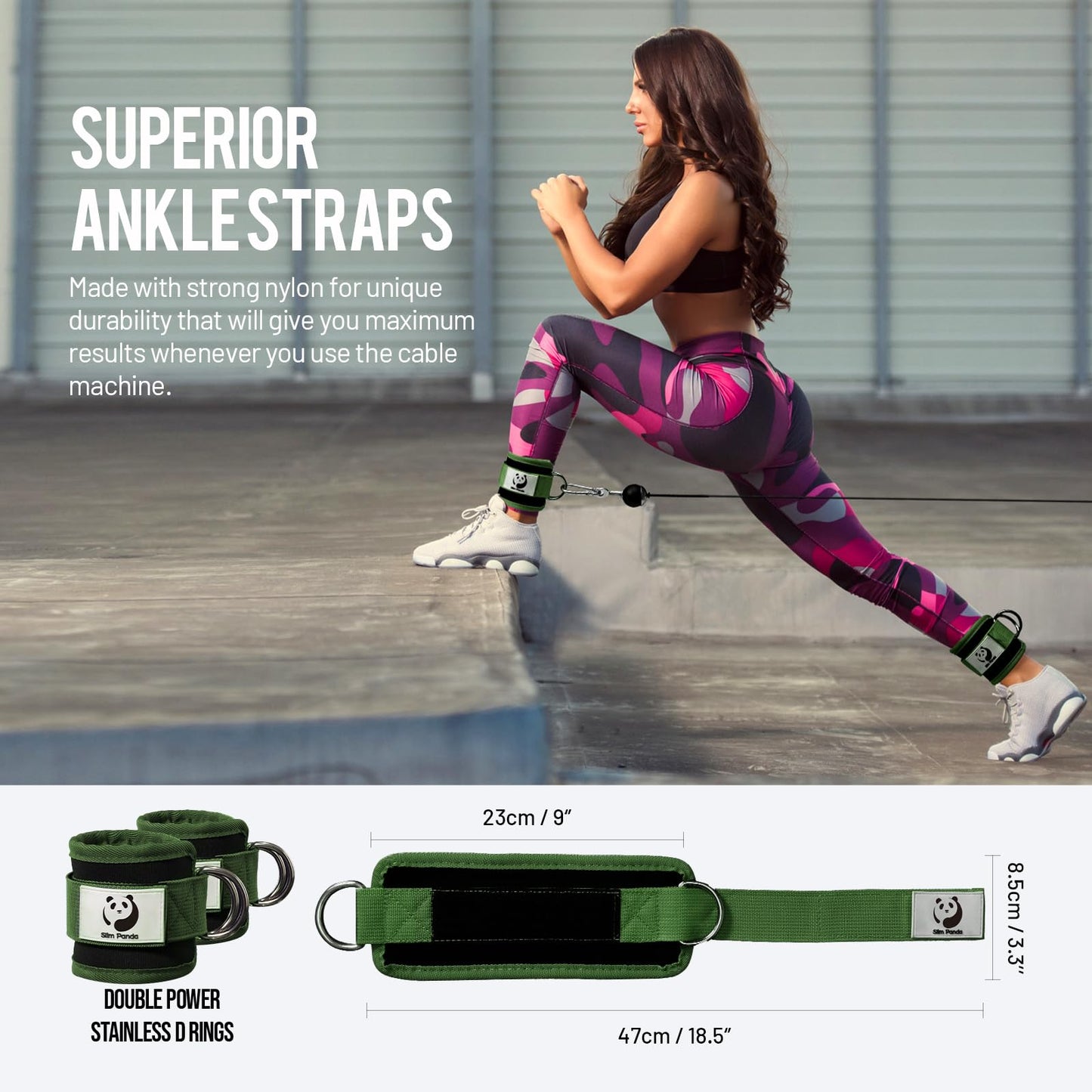 Slim Panda Ankle Strap for Cable Machine,Ankle Cuff for Kickbacks, Booty Hip Abductors,Glute Workouts, Leg Extensions, Curls for Men and Women, Adjustable with Double D-Rings (Pair, Green)