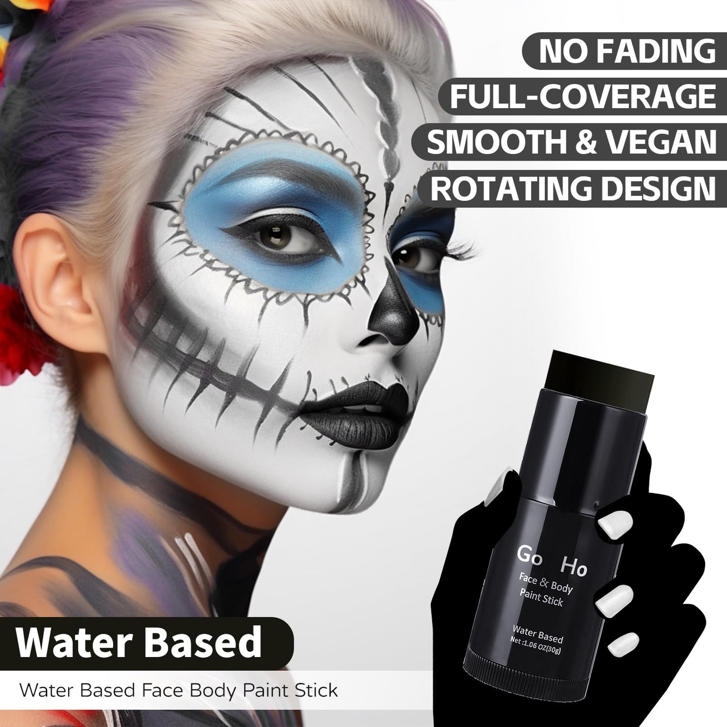 Go Ho Black Face Paint,Easily Washable Formula Black Face Paint Stick,Non-toxic Full-coverage Cream Black Body Paint for Adults Children Halloween Cosplay SFX Skeleton Goths Makeup