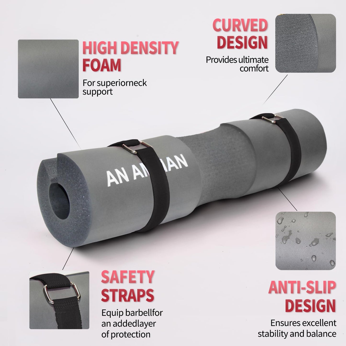 AN AMMAN Barbell Pad Perfect for Squat, Hip Thrust - Relieves Neck and Shoulder Pain Thick Foam Cushion - Gym Workout Smith Machine Thruster Weightlifting Grey