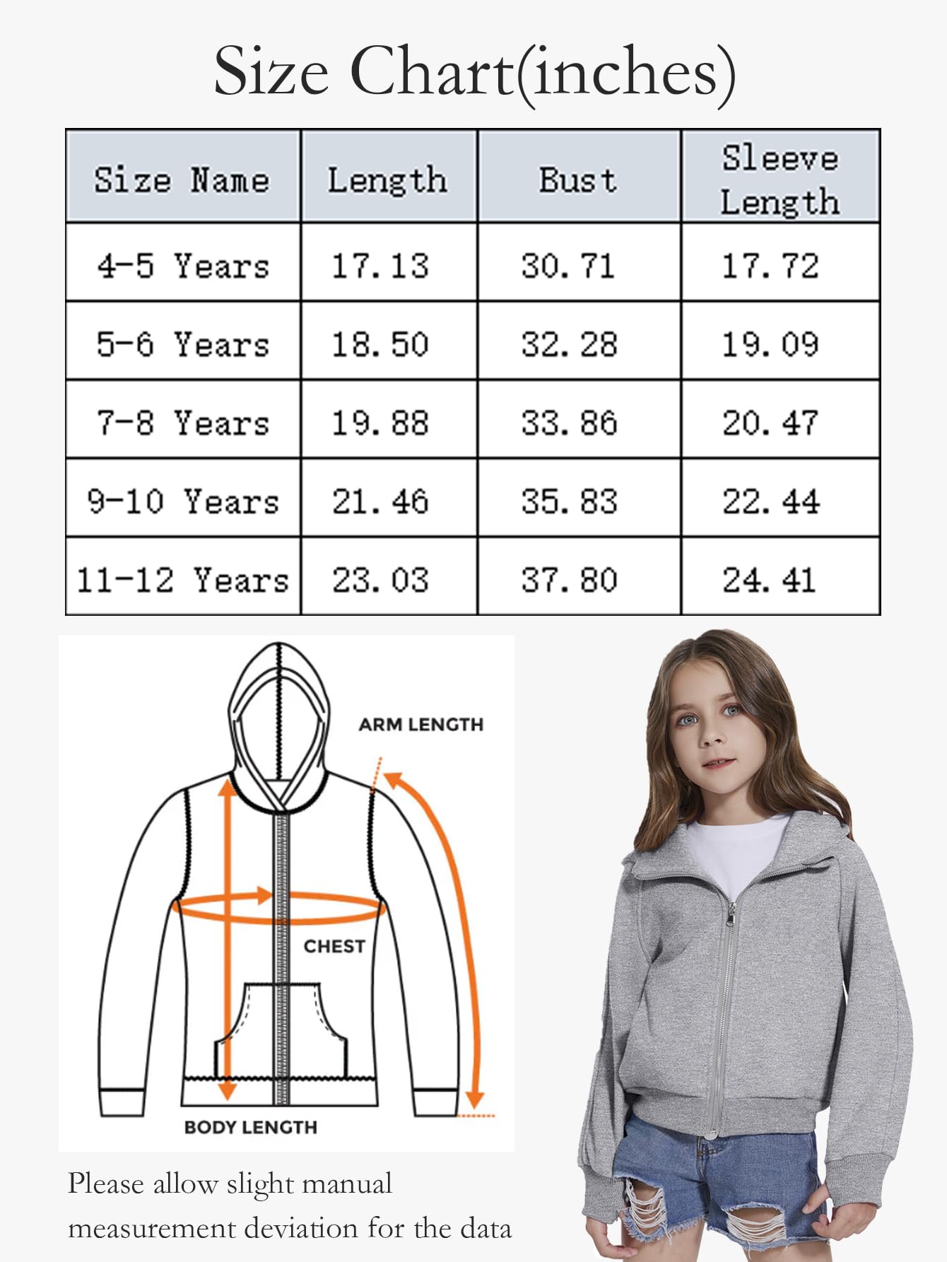 Fdqin Sweatshirt for Girls Zipper Up Cropped Hoodies for Teen Girls Sweatshirts Size 10-12 Winter Clothes Grey 7-8 Years