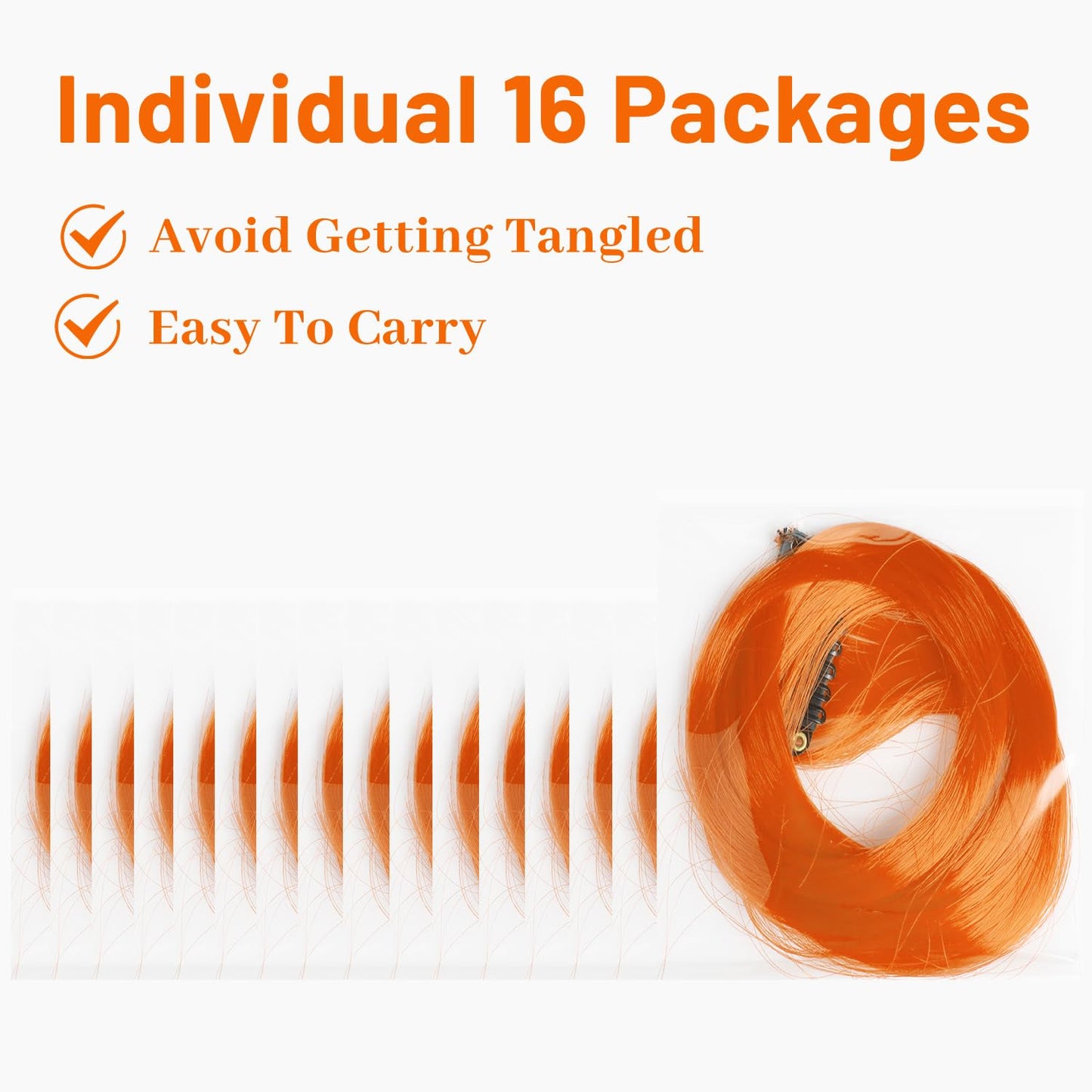 TOFAFA 16 Pcs Colored Hair Extensions Curly Wavy Clip in Synthetic Hairpiece Streak for Girls Women Kid, Multi-colors Party Highlights Cosplay Festival Gift(Orange)