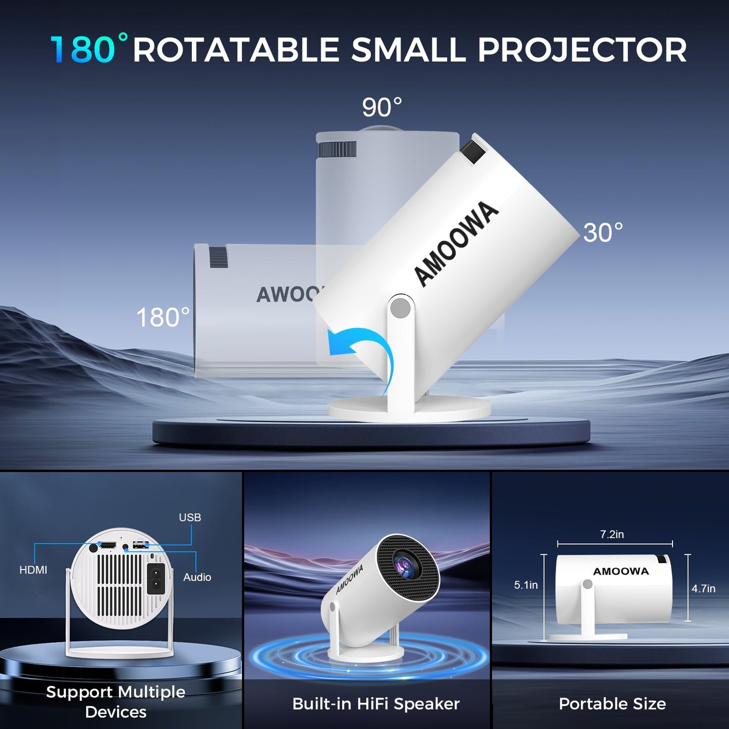 Portable 4K Mini Projector with WiFi and Wireless Bluetooth, Smart Proyector with Android 11, Projector with apps built in, 270ยฐ Rotatable, Auto Keystone,35"-130" Screen,Projector 4K Ultra HD