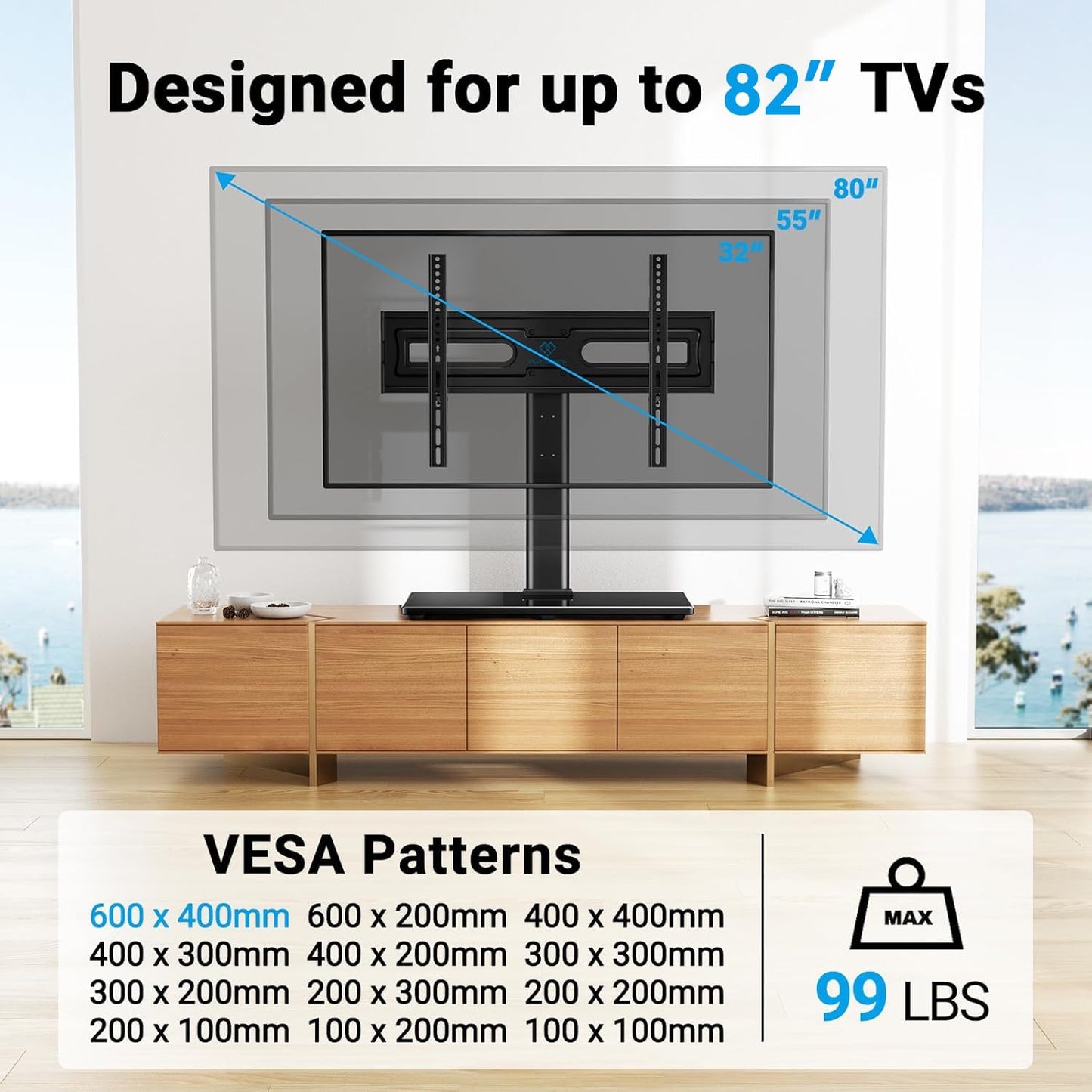 PERLESMITH Swivel Universal TV Stand Mount for 32-82 Inch LCD OLED Flat/Curved Screen TVs up to 99lbs-Height Adjustable Table Top TV Stand/Base with Tempered Glass Base&Wire Management,VESA 600x400mm