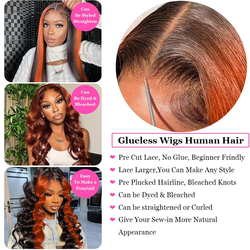 200% Density Wear And Go 9x6 Glueless Wigs Human Hair Pre Plucked Pre Cut For Beginners Ginger Body Wave Lace Front Wigs Human Hair For Black Women HD Lace Closure Colored Glueless Wig(22 INCH)