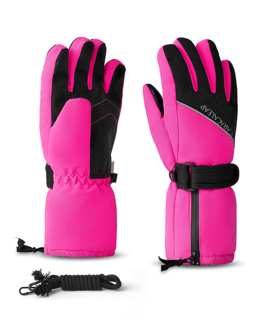 Caracaleap Snow Gloves for Kids 8-12, Kids Snow Ski Gloves Waterproof Thinsulate Warm Winter Gloves for Boys Girls 6-8 Black 10-12Y Hot Pink 10-12Y
