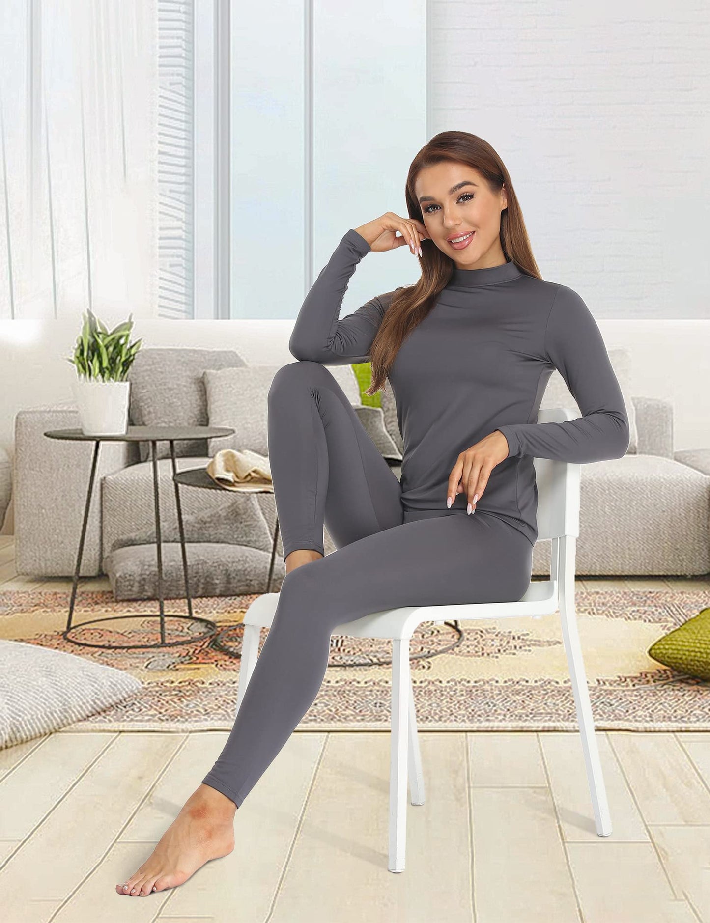 JOLLYBUYER Women's Mock Neck Thermal Underwear Winter Fleece Ultra-Soft Warm Base Layer Set Grey