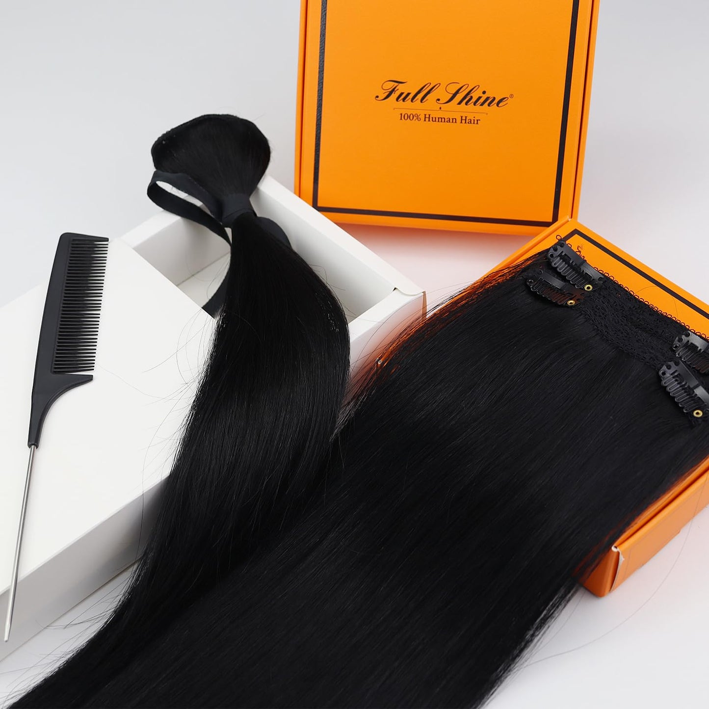 Full Shine Clip in Hair Extensions Jet Black Human Hair 16Inch Human Hair Clip in Extensions Double Weft Invisible And Comfortable for Thin Hair Lace Weft Straight Remy Hair Extensions 3Pcs 60Grams