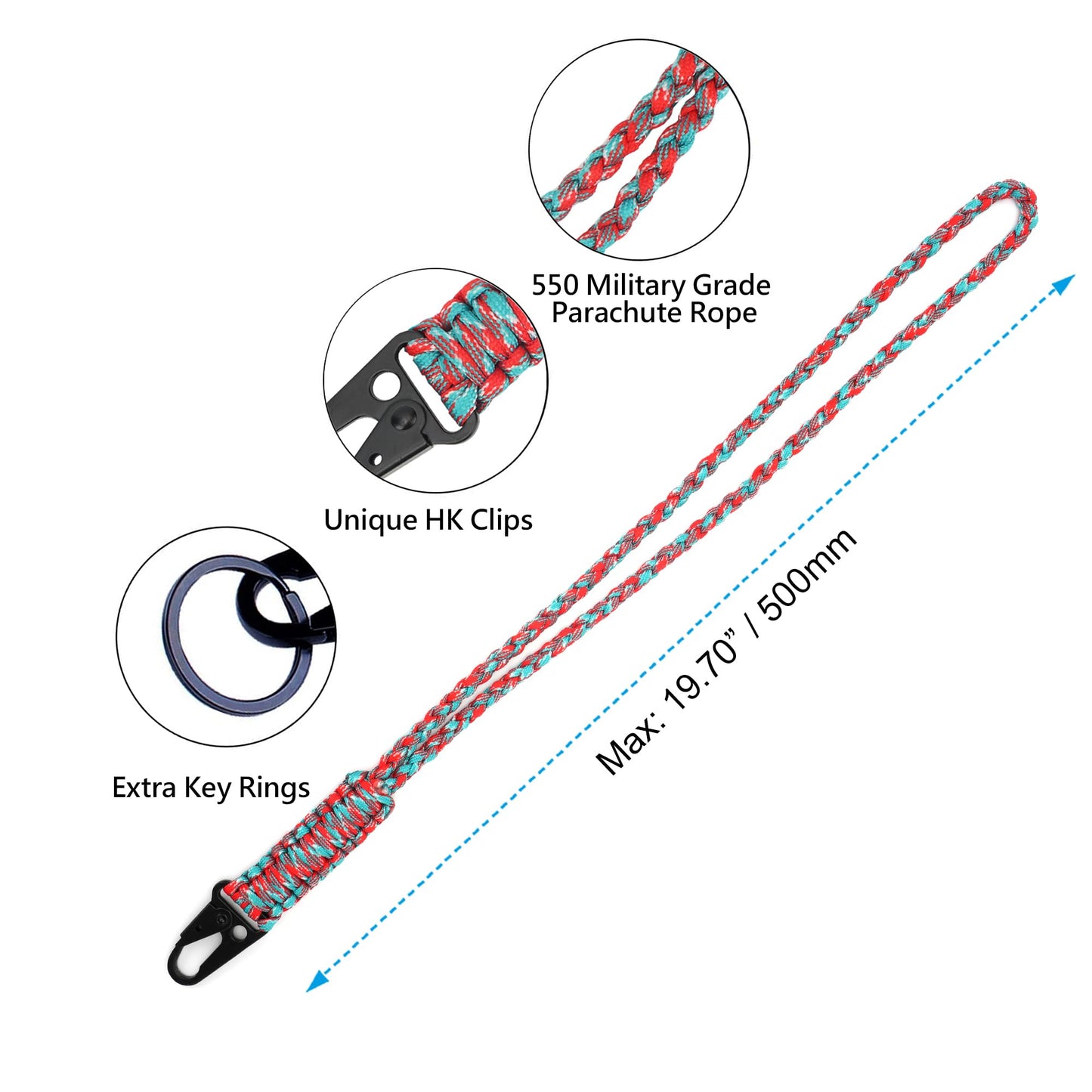 LAREDTREE Heavy Duty Paracord Lanyard Keychain, Paracord Necklace Cell Phone Keychain Whistles Wrist Braided Strap (Red Flower)