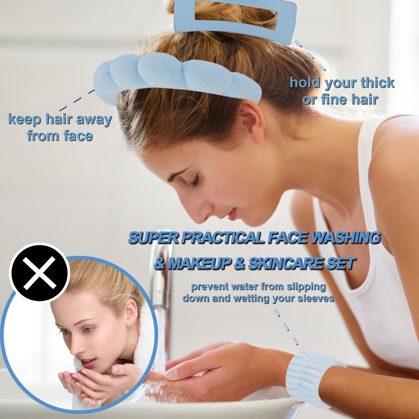Canitor Spa Headband Wrist Bands Set with Hair Clips Skincare Headband for Washing Face Skin Care Puffy Makeup Headband Preppy Teen Girl Gifts Cute Trendy Stuff Hair Accessories for Women (blue)