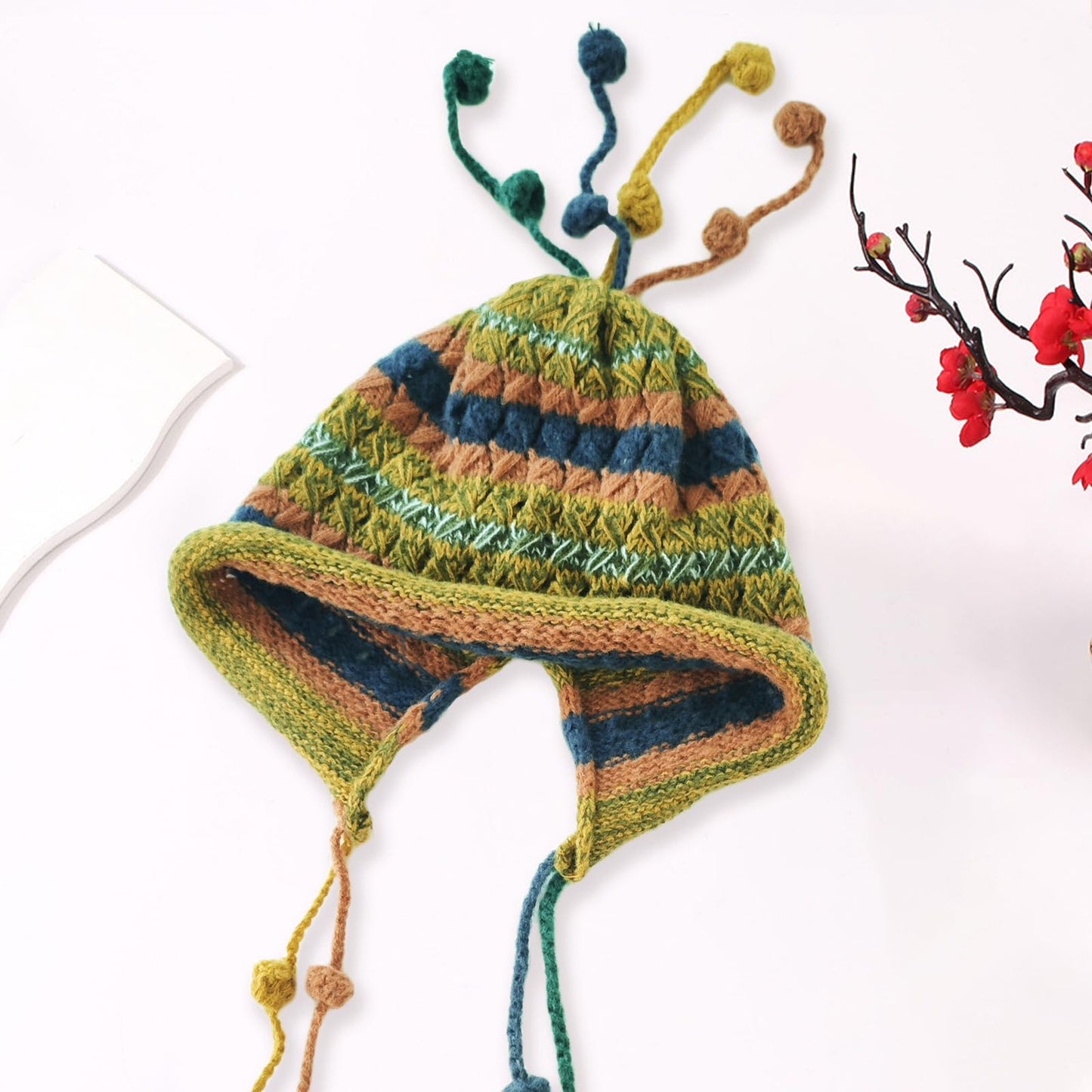 Colorful Crochet Beanie Hat for Women Ladies Knit Slouchy Beanies Ear Flaps with Cute Pom Pom Tassels Wide Brim Winter Fashion Rainbow Striped Skull Cap (Green Stripe)